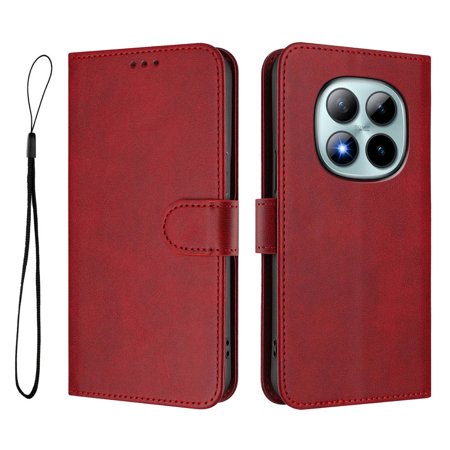 For Xiaomi Poco M8 Pro 5G / Redmi Note 15 Pro+ 5G (Global) Wallet Case RFID Blocking Calf Texture Leather Stand Phone Cover with Strap - Wine Red