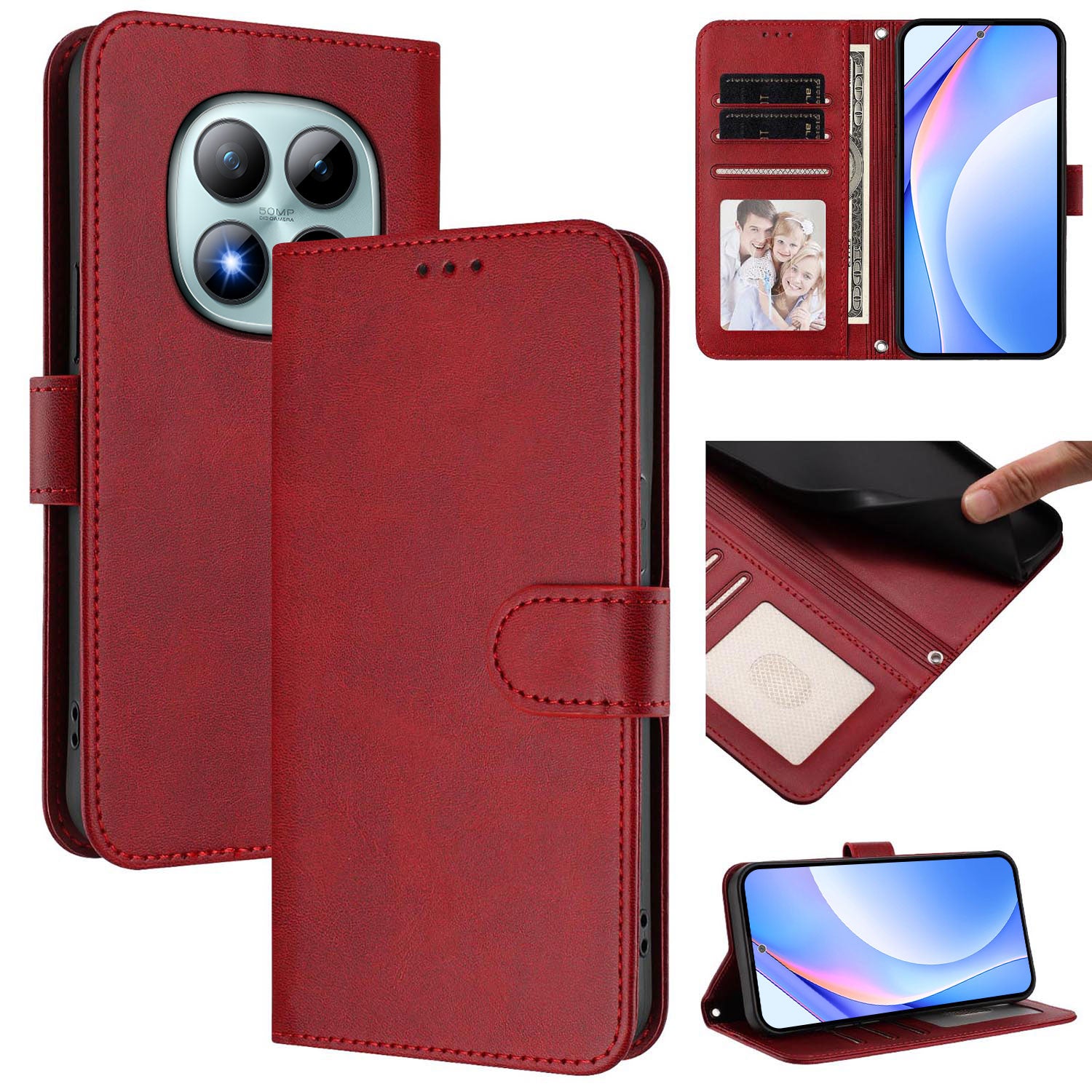 For Xiaomi Poco M8 Pro 5G / Redmi Note 15 Pro+ 5G (Global) Wallet Case RFID Blocking Calf Texture Leather Stand Phone Cover with Strap - Wine Red