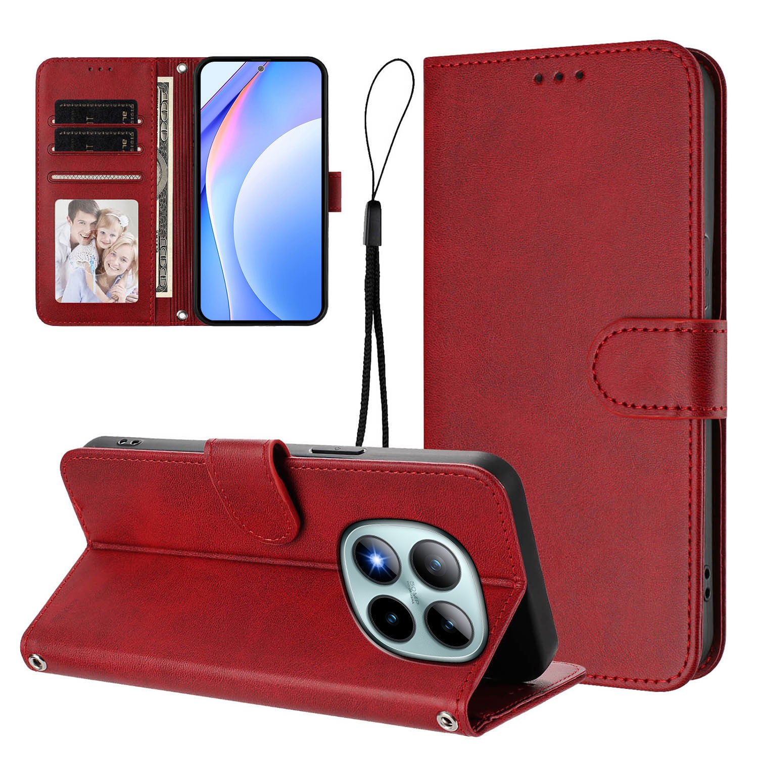 For Xiaomi Poco M8 Pro 5G / Redmi Note 15 Pro+ 5G (Global) Wallet Case RFID Blocking Calf Texture Leather Stand Phone Cover with Strap - Wine Red