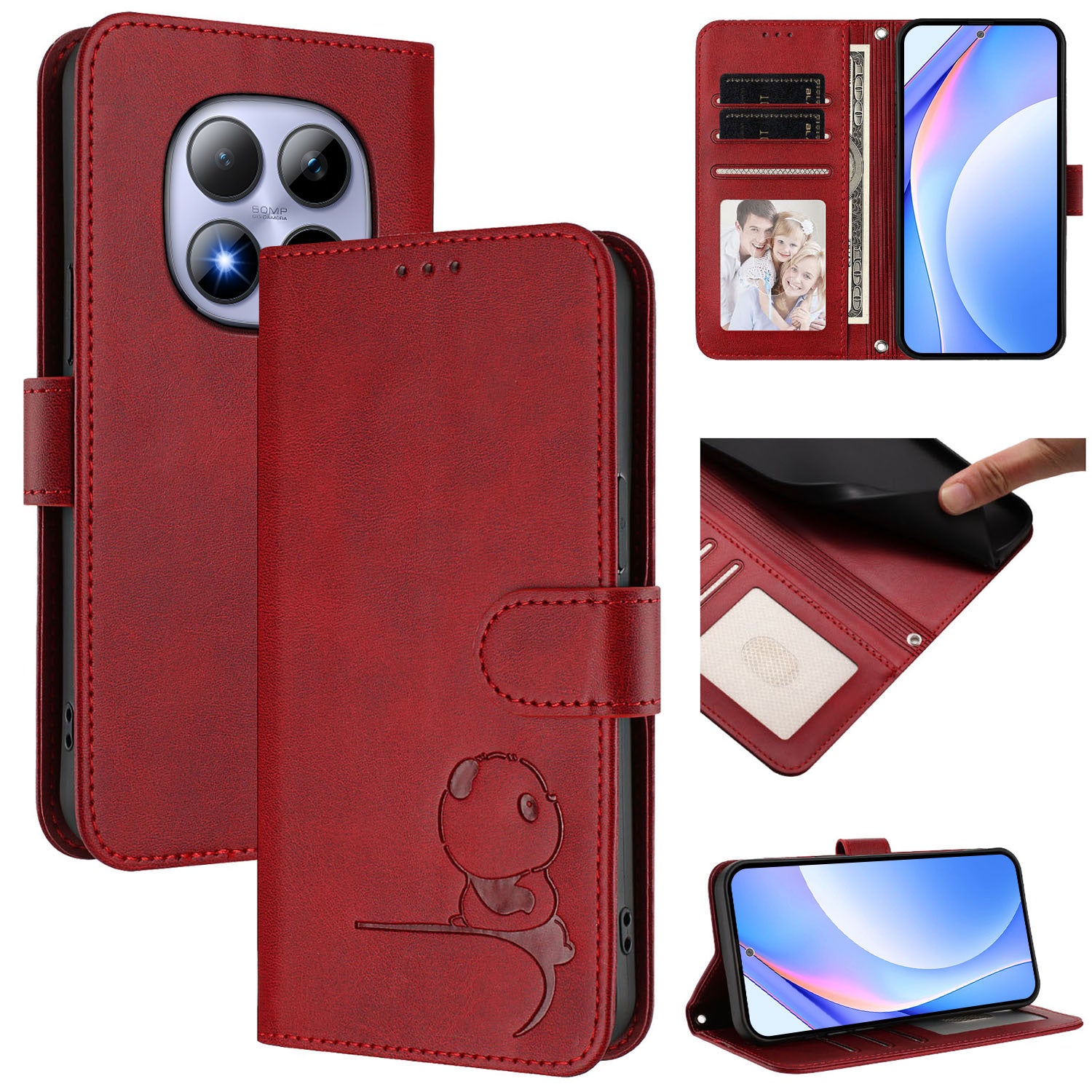 For Xiaomi Redmi Note 15 Pro 5G (Global) Case Panda Imprint RFID Blocking Wallet Leather Phone Cover with Wrist Strap - Wine Red