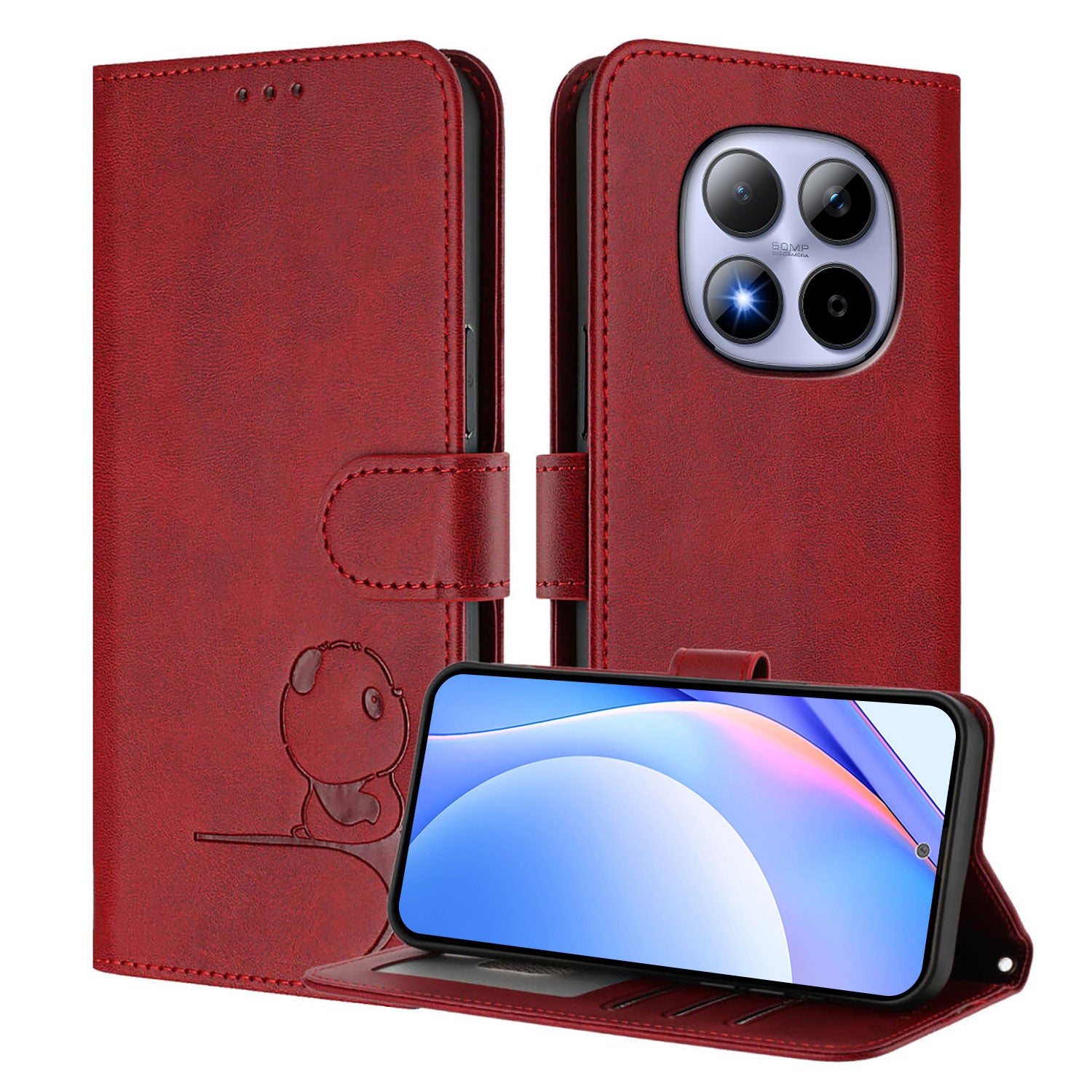 For Xiaomi Redmi Note 15 Pro 5G (Global) Case Panda Imprint RFID Blocking Wallet Leather Phone Cover with Wrist Strap - Wine Red