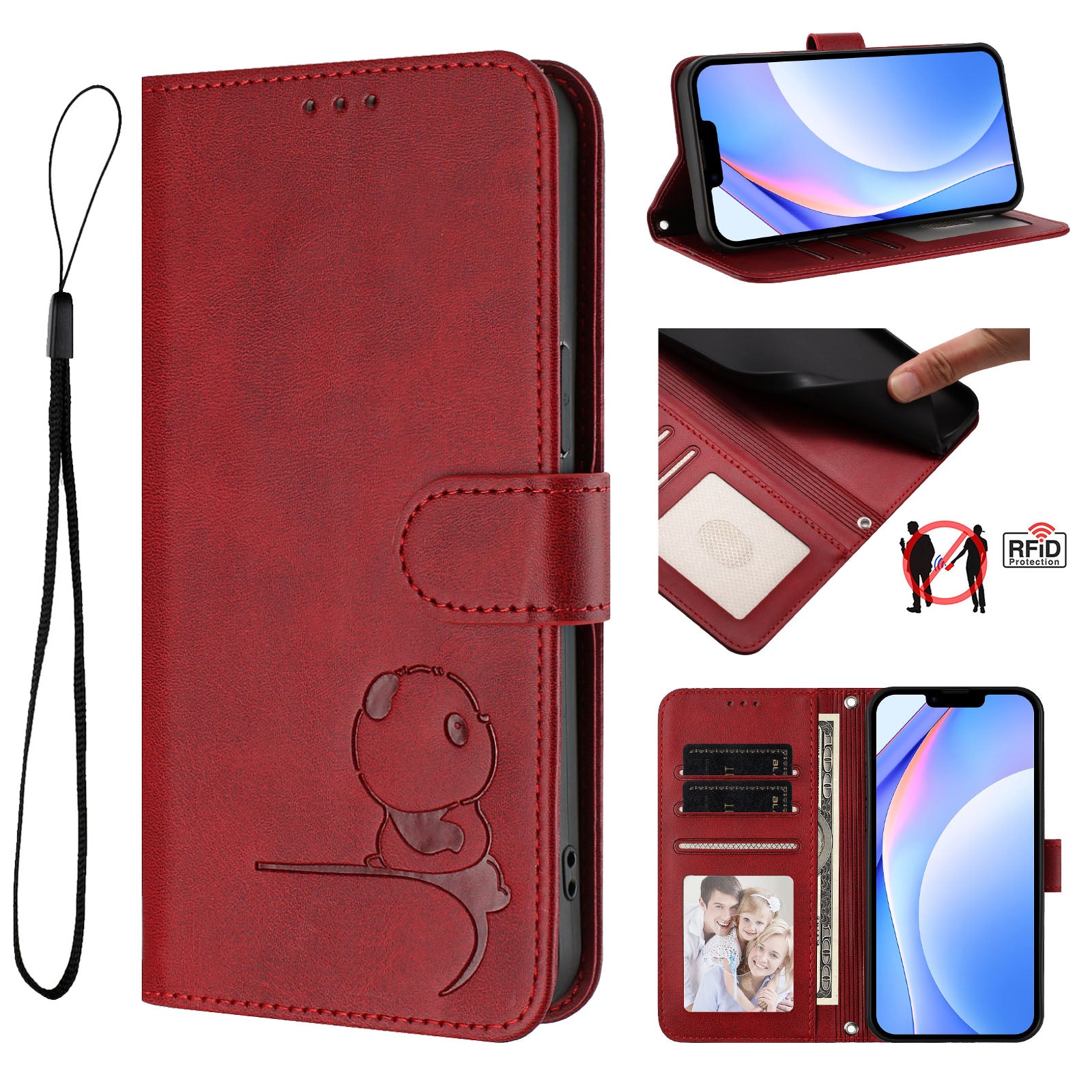 For Xiaomi Redmi Note 15 Pro 5G (Global) Case Panda Imprint RFID Blocking Wallet Leather Phone Cover with Wrist Strap - Wine Red