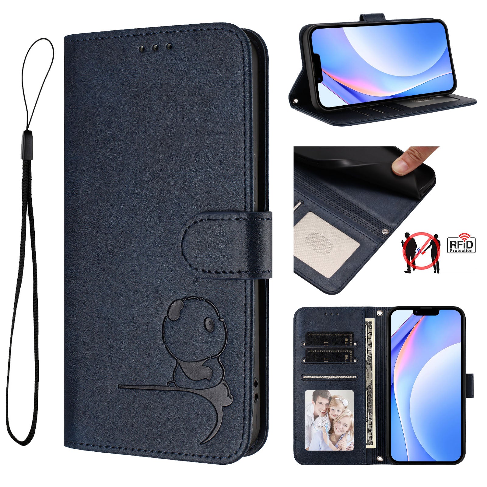 For Xiaomi Redmi Note 15 Pro 5G (Global) Case Panda Imprint RFID Blocking Wallet Leather Phone Cover with Wrist Strap - Blue