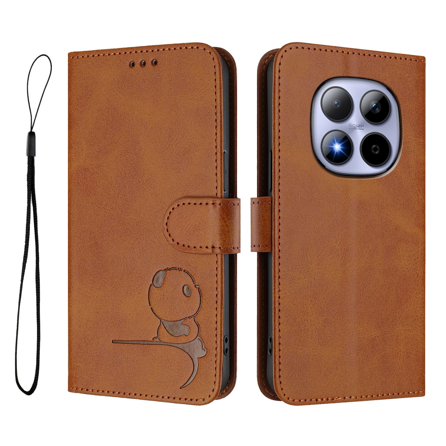 For Xiaomi Redmi Note 15 Pro 5G (Global) Case Panda Imprint RFID Blocking Wallet Leather Phone Cover with Wrist Strap - Brown