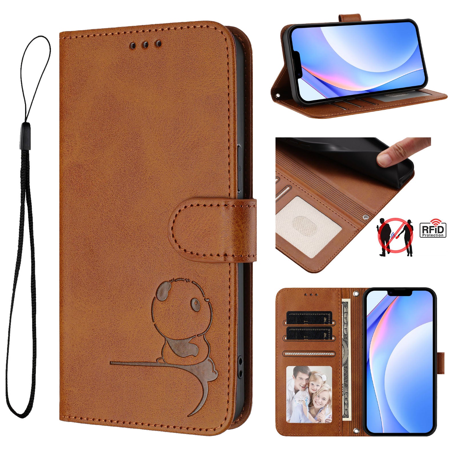 For Xiaomi Redmi Note 15 Pro 5G (Global) Case Panda Imprint RFID Blocking Wallet Leather Phone Cover with Wrist Strap - Brown