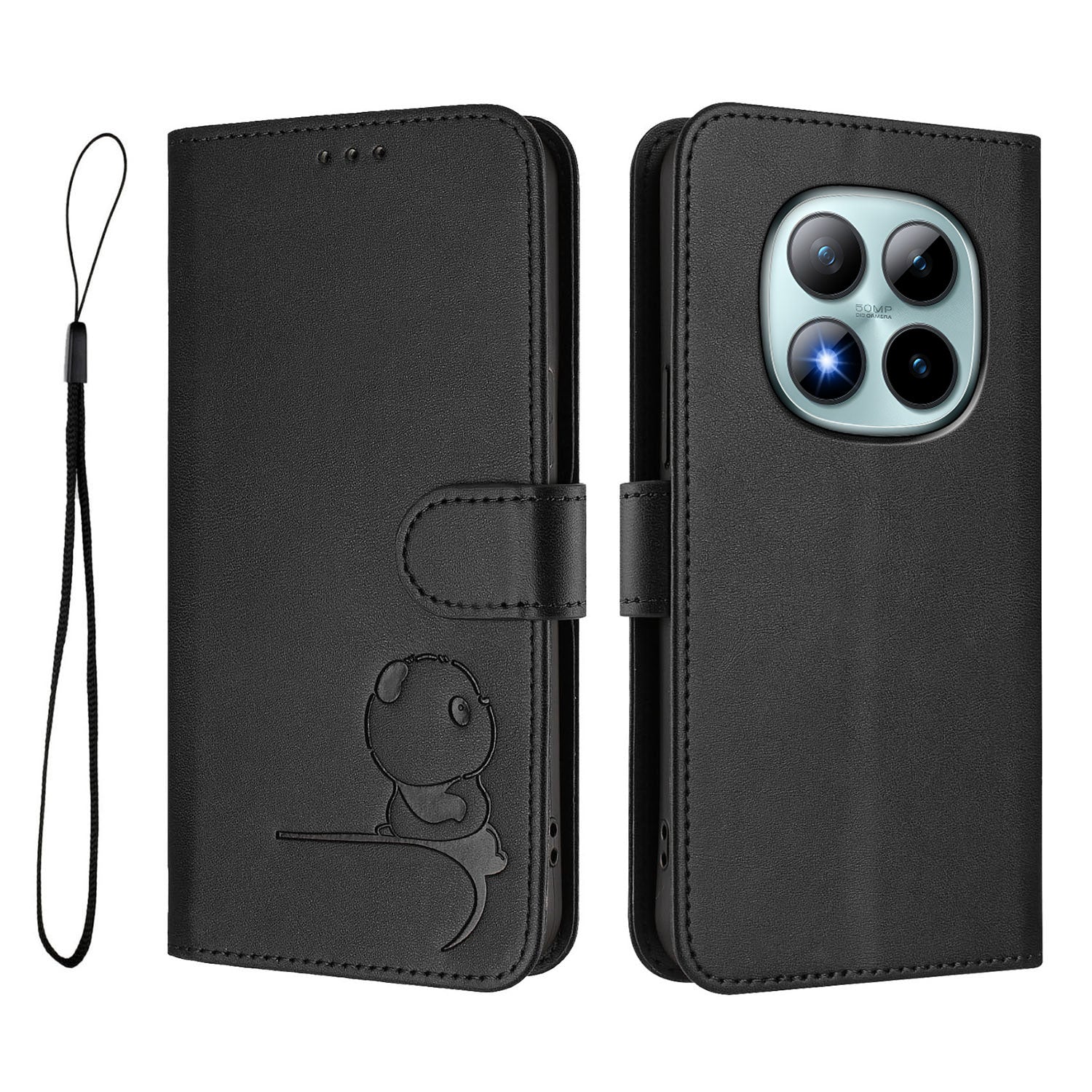 For Xiaomi Poco M8 Pro 5G / Redmi Note 15 Pro+ 5G (Global) Case Panda Imprint RFID Blocking Wallet Leather Phone Cover with Wrist Strap - Black