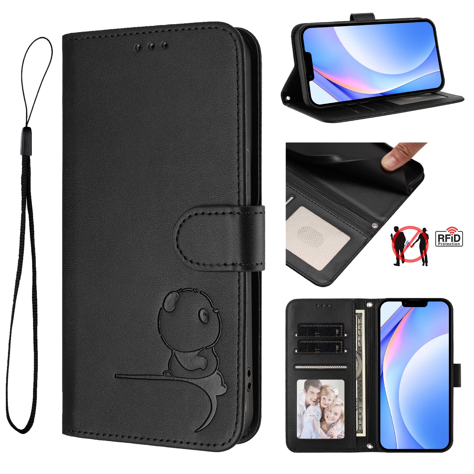 For Xiaomi Poco M8 Pro 5G / Redmi Note 15 Pro+ 5G (Global) Case Panda Imprint RFID Blocking Wallet Leather Phone Cover with Wrist Strap - Black