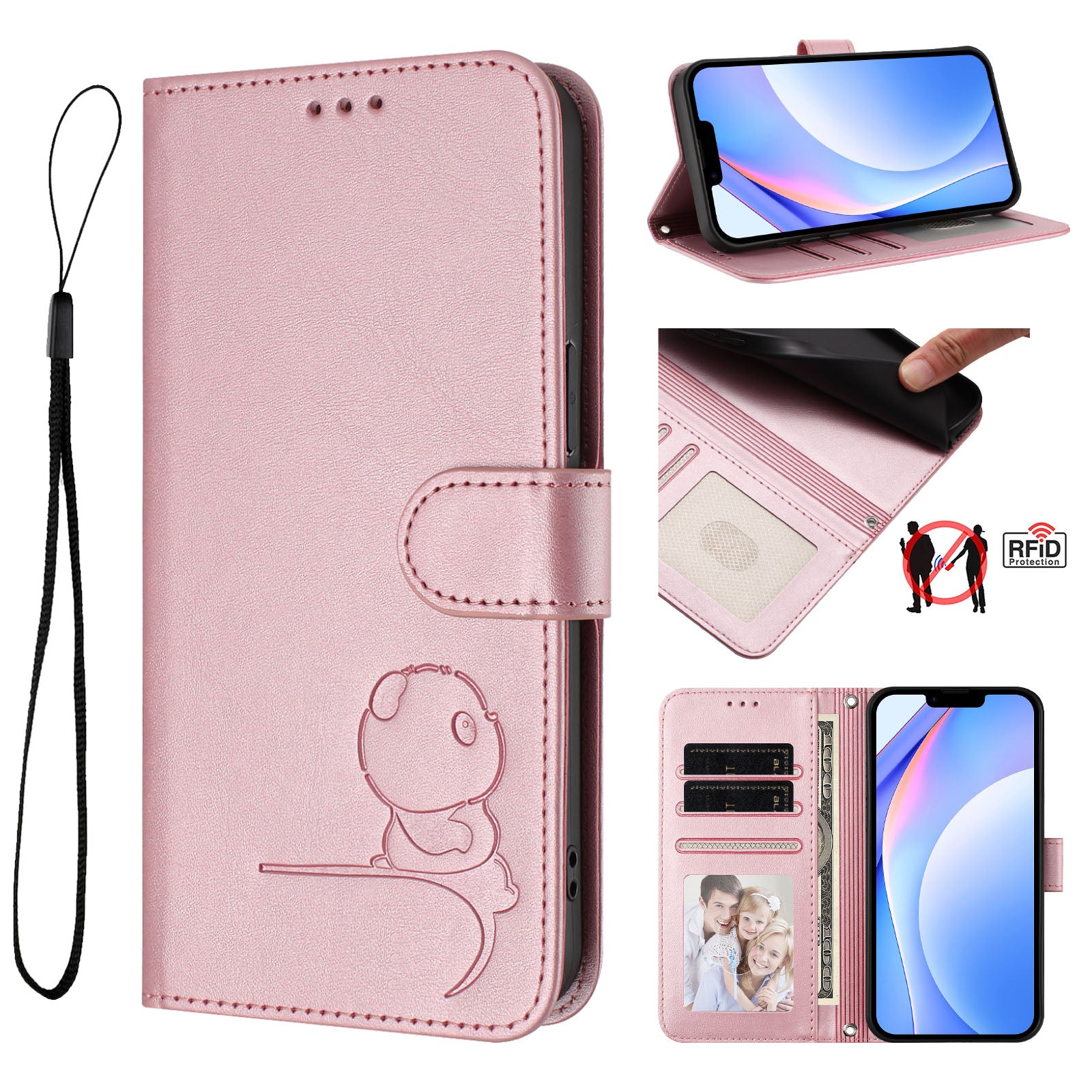For Xiaomi Poco M8 Pro 5G / Redmi Note 15 Pro+ 5G (Global) Case Panda Imprint RFID Blocking Wallet Leather Phone Cover with Wrist Strap - Pink