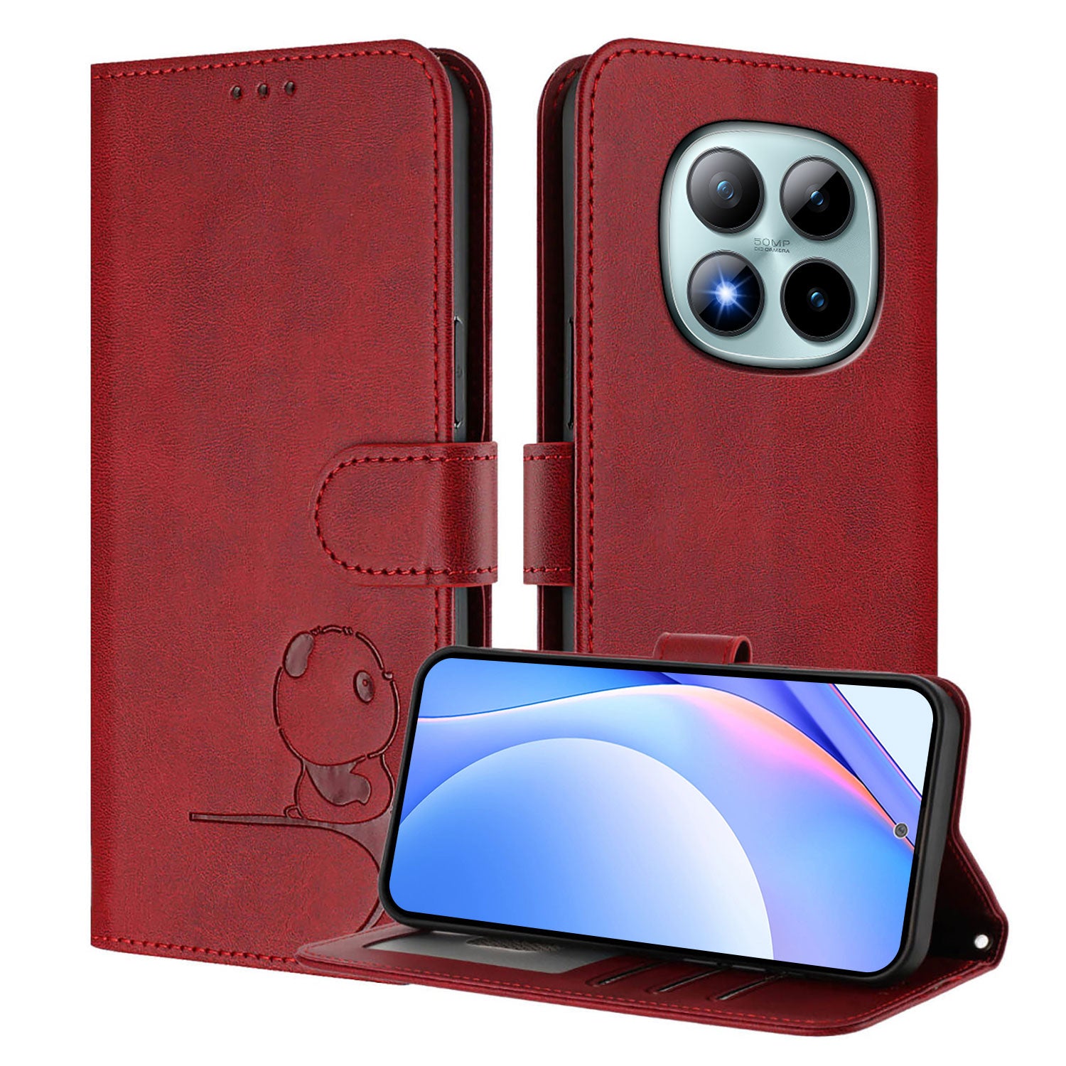 For Xiaomi Poco M8 Pro 5G / Redmi Note 15 Pro+ 5G (Global) Case Panda Imprint RFID Blocking Wallet Leather Phone Cover with Wrist Strap - Wine Red