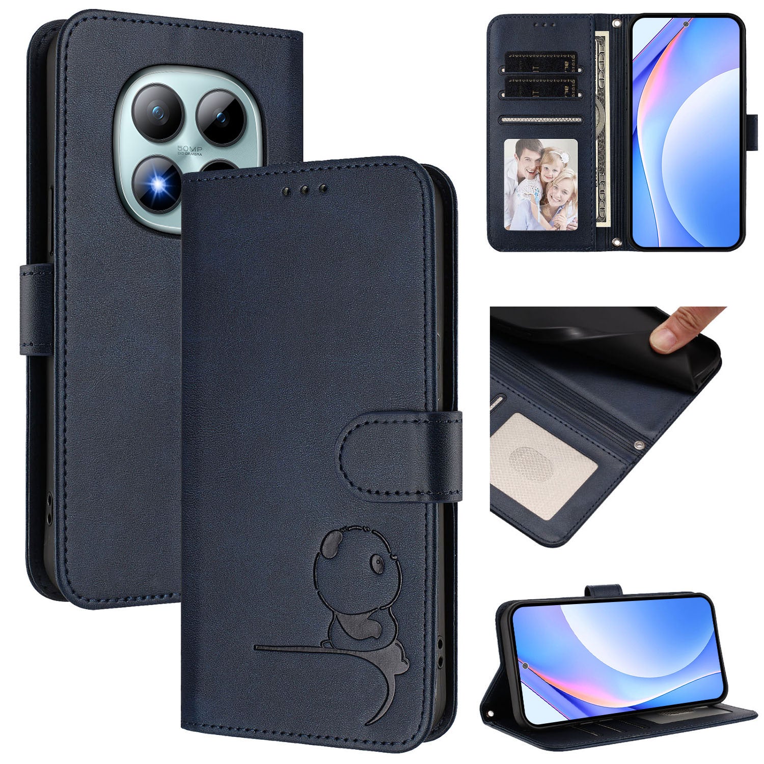 For Xiaomi Poco M8 Pro 5G / Redmi Note 15 Pro+ 5G (Global) Case Panda Imprint RFID Blocking Wallet Leather Phone Cover with Wrist Strap - Blue