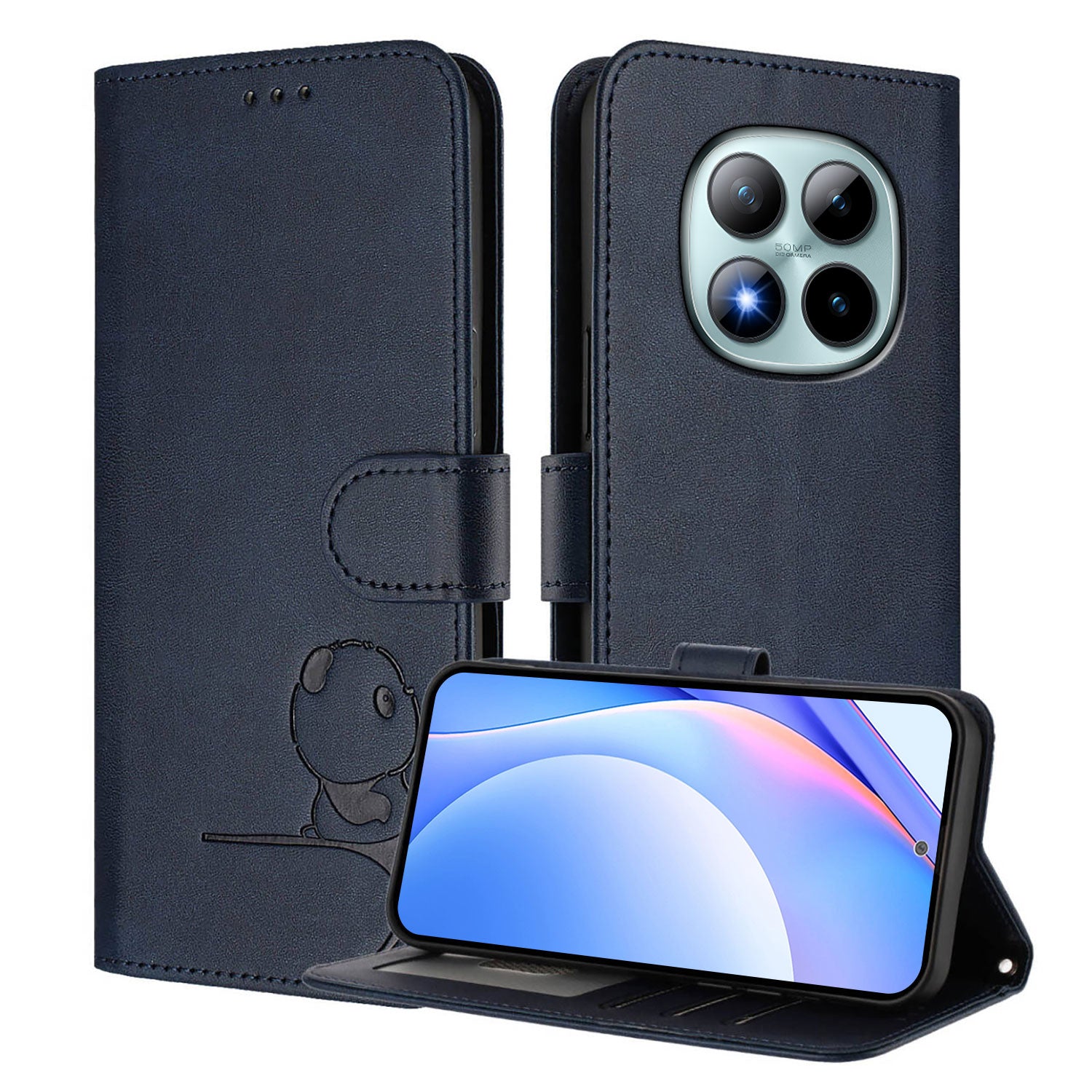 For Xiaomi Poco M8 Pro 5G / Redmi Note 15 Pro+ 5G (Global) Case Panda Imprint RFID Blocking Wallet Leather Phone Cover with Wrist Strap - Blue