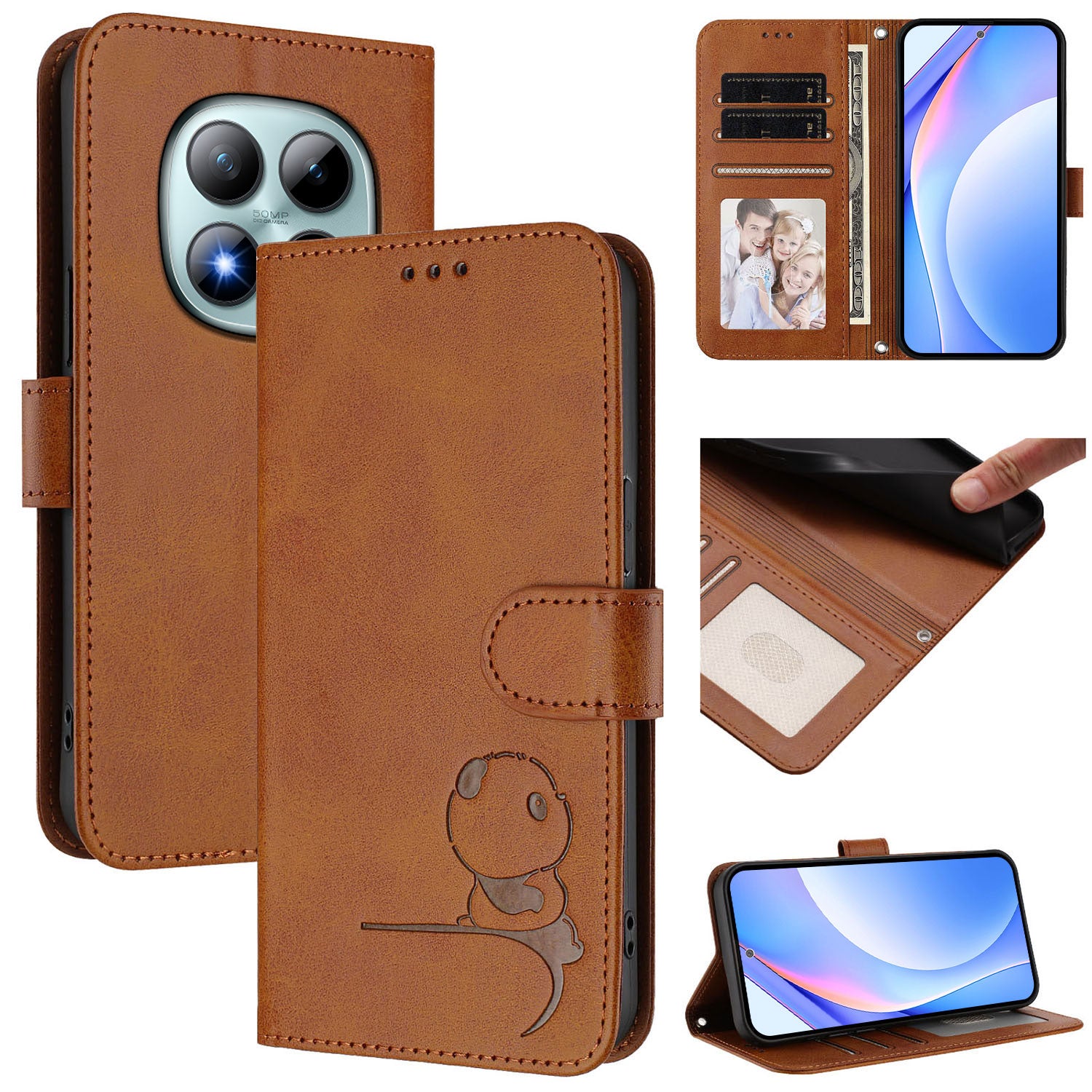 For Xiaomi Poco M8 Pro 5G / Redmi Note 15 Pro+ 5G (Global) Case Panda Imprint RFID Blocking Wallet Leather Phone Cover with Wrist Strap - Brown