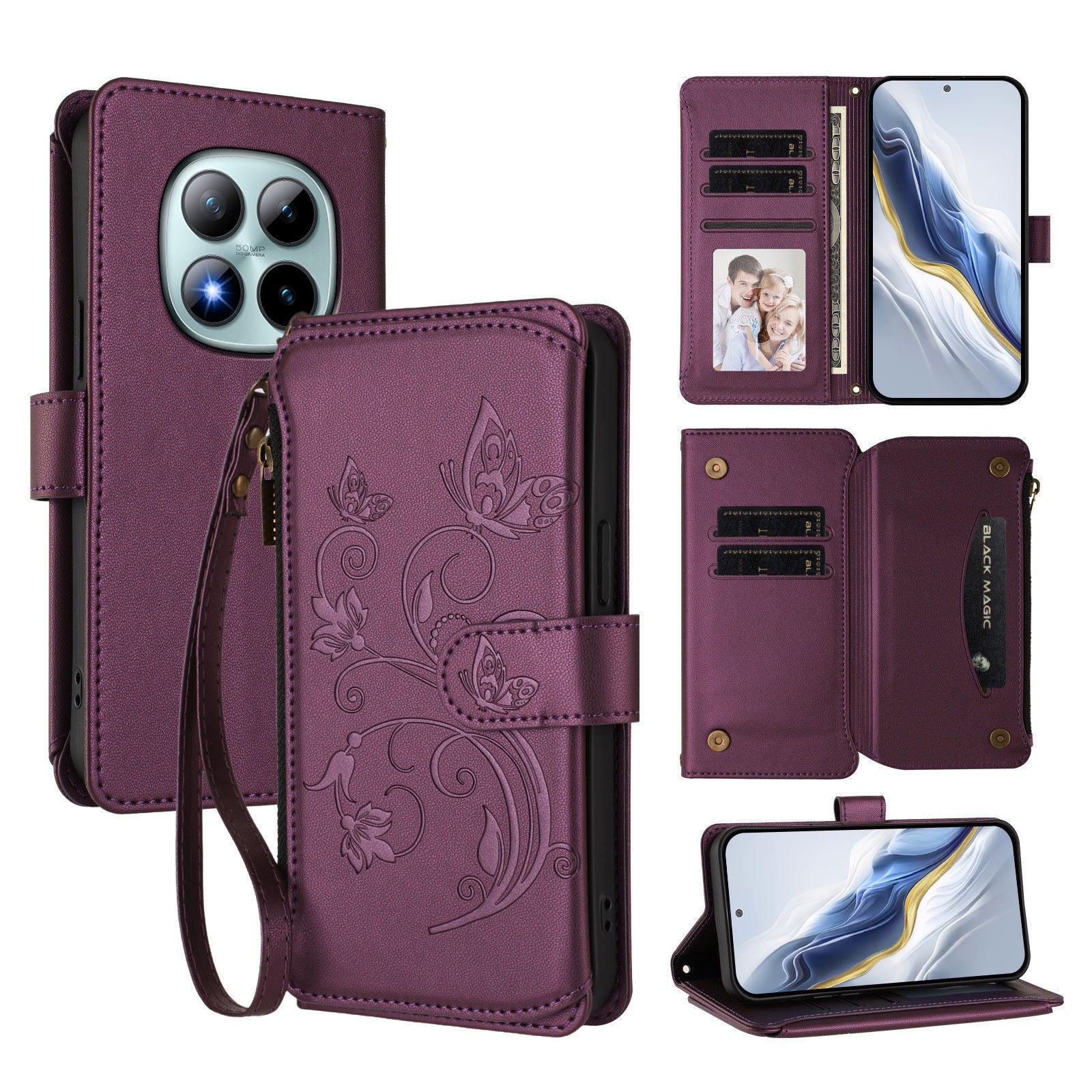 For Xiaomi Poco M8 Pro 5G / Redmi Note 15 Pro+ 5G (Global) Leather Case Butterfly Floral Imprint Zipper Wallet Stand Cover with Wrist Strap - Purple
