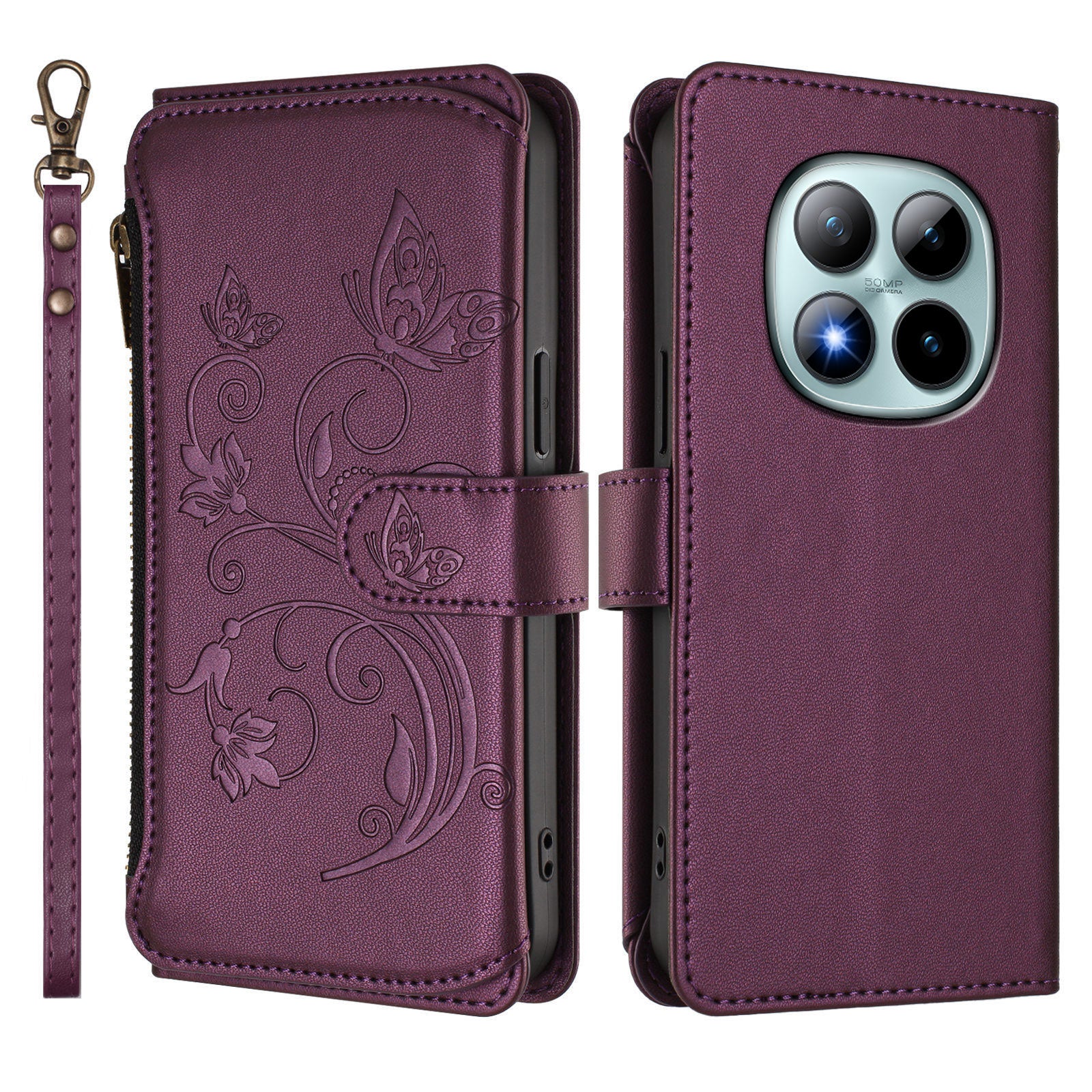 For Xiaomi Poco M8 Pro 5G / Redmi Note 15 Pro+ 5G (Global) Leather Case Butterfly Floral Imprint Zipper Wallet Stand Cover with Wrist Strap - Purple