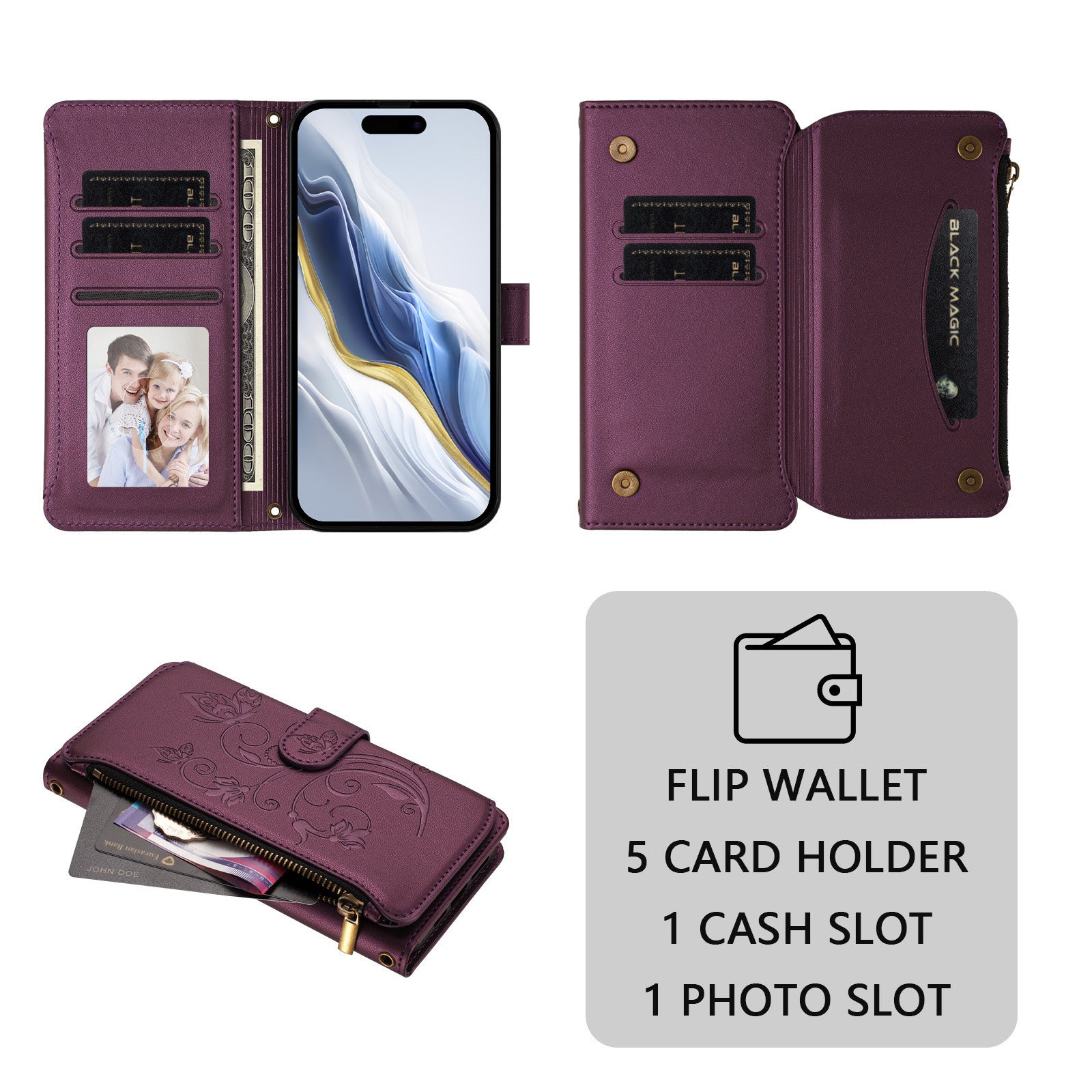 For Xiaomi Poco M8 Pro 5G / Redmi Note 15 Pro+ 5G (Global) Leather Case Butterfly Floral Imprint Zipper Wallet Stand Cover with Wrist Strap - Purple
