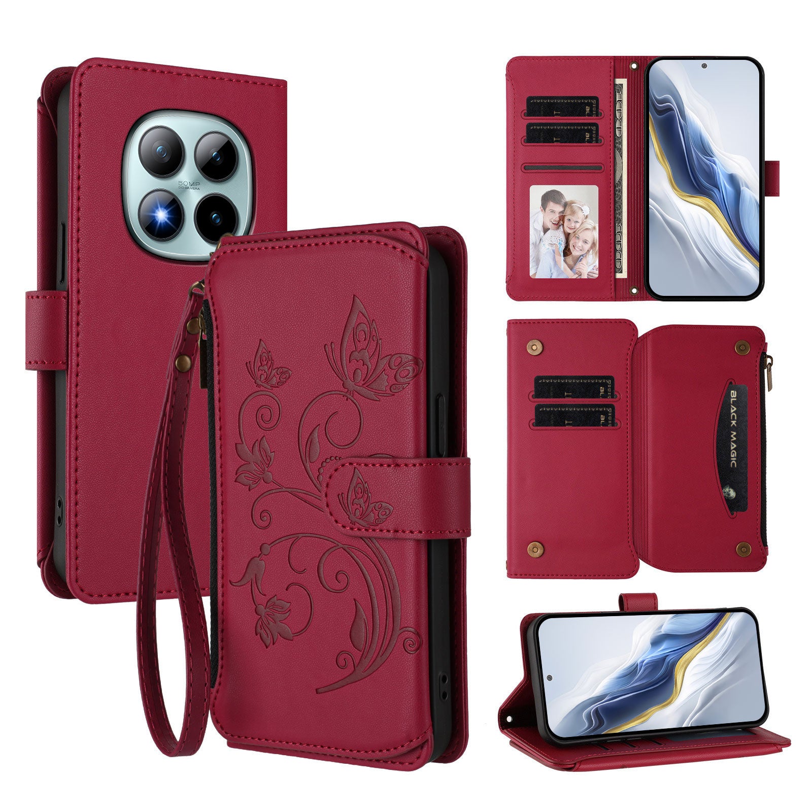 For Xiaomi Poco M8 Pro 5G / Redmi Note 15 Pro+ 5G (Global) Leather Case Butterfly Floral Imprint Zipper Wallet Stand Cover with Wrist Strap - Wine Red