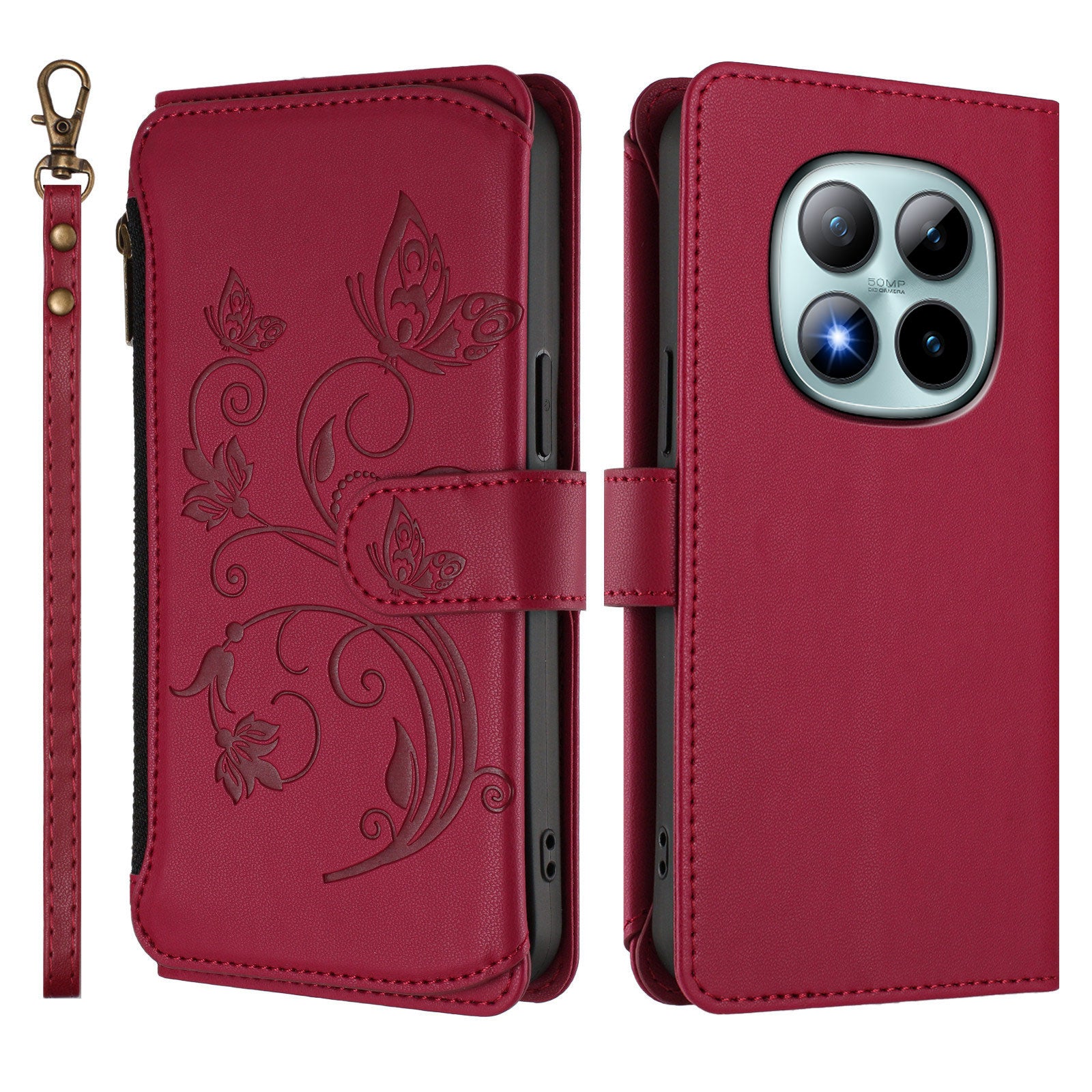For Xiaomi Poco M8 Pro 5G / Redmi Note 15 Pro+ 5G (Global) Leather Case Butterfly Floral Imprint Zipper Wallet Stand Cover with Wrist Strap - Wine Red