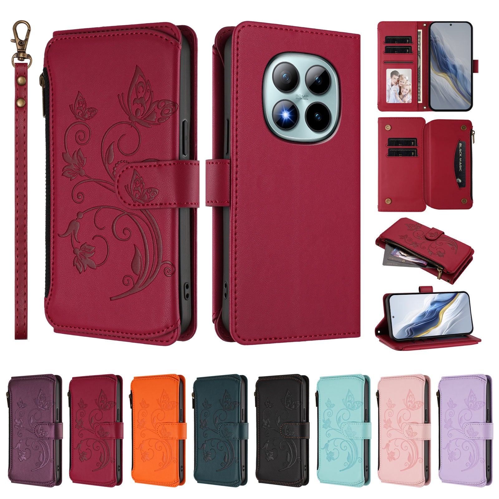 For Xiaomi Poco M8 Pro 5G / Redmi Note 15 Pro+ 5G (Global) Leather Case Butterfly Floral Imprint Zipper Wallet Stand Cover with Wrist Strap - Wine Red