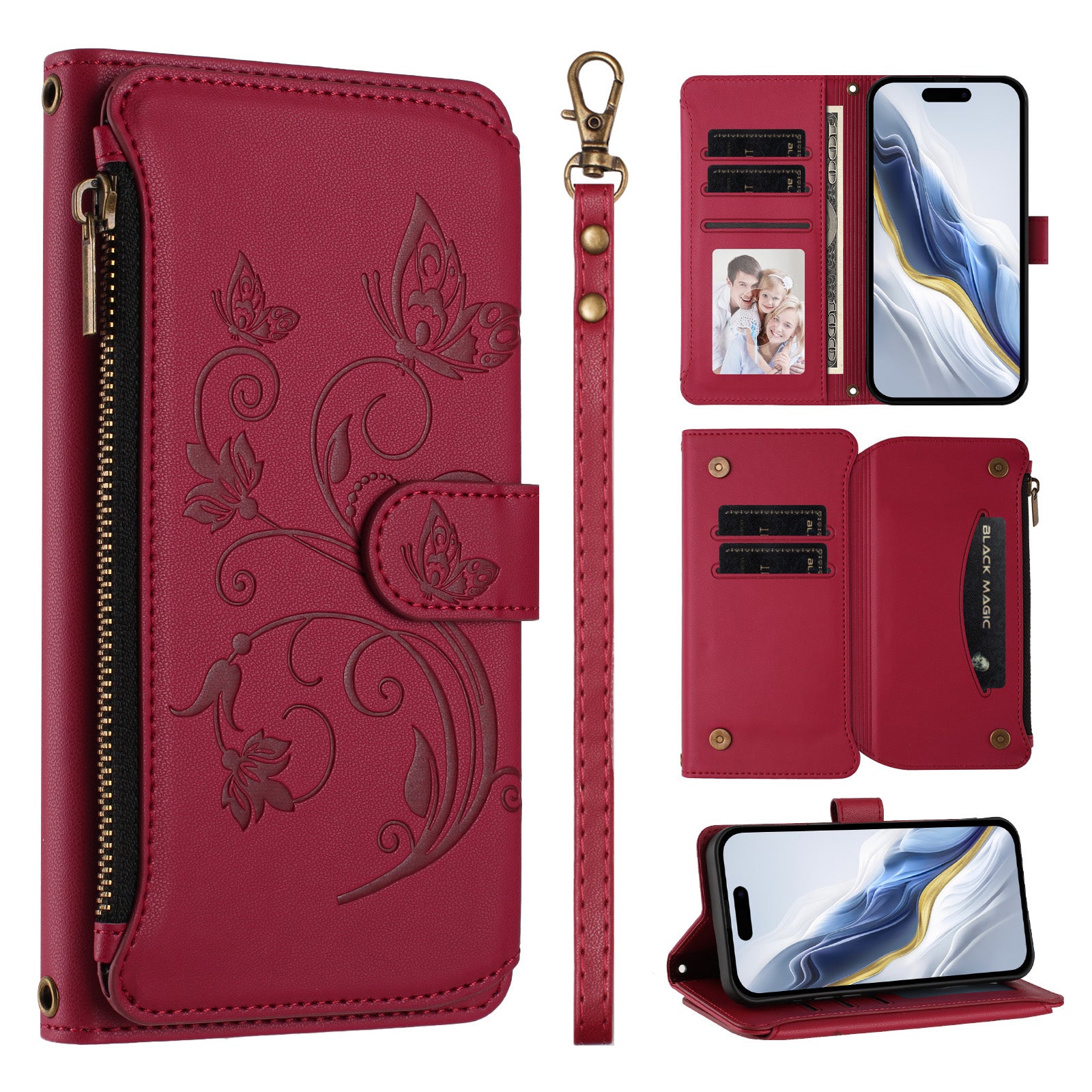 For Xiaomi Poco M8 Pro 5G / Redmi Note 15 Pro+ 5G (Global) Leather Case Butterfly Floral Imprint Zipper Wallet Stand Cover with Wrist Strap - Wine Red