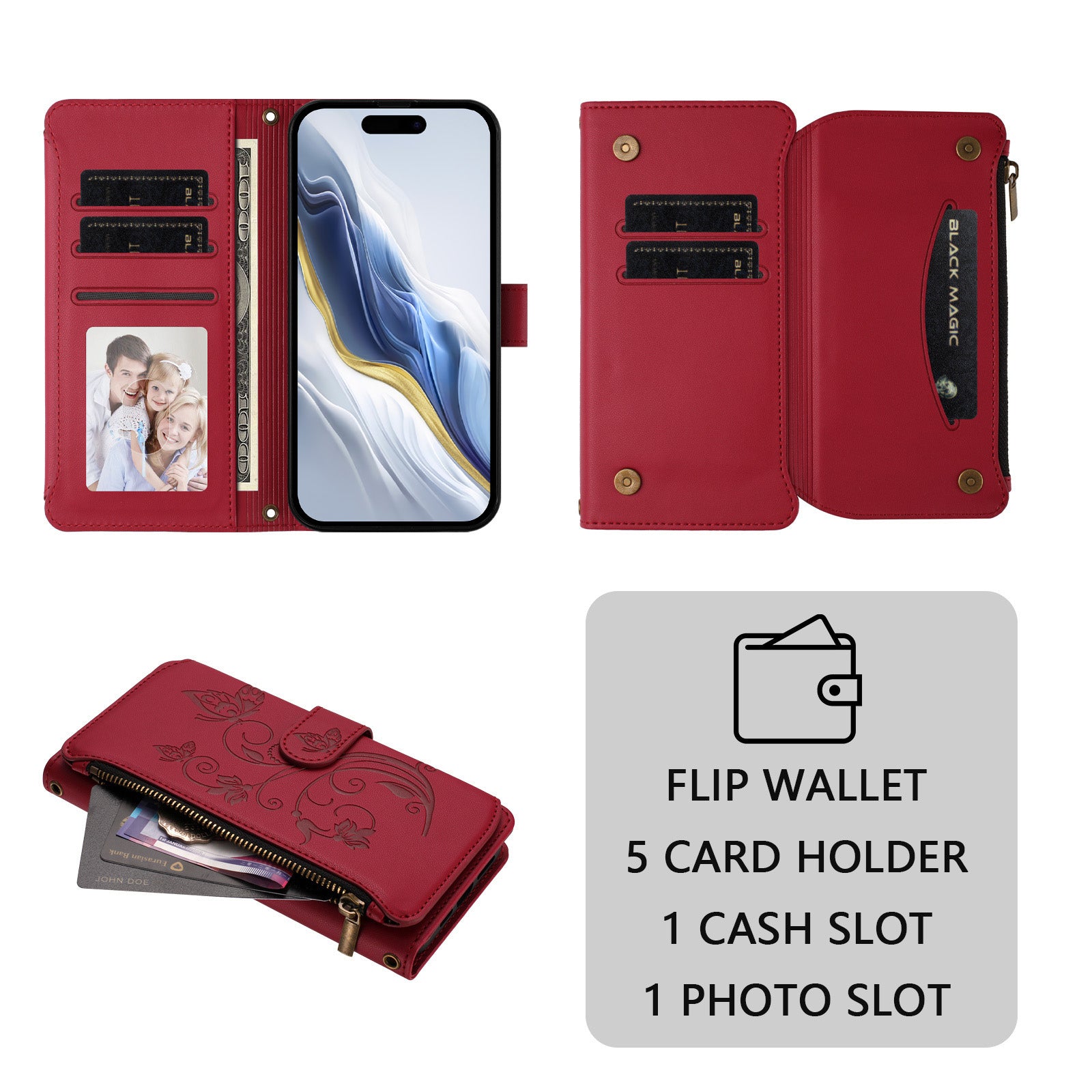 For Xiaomi Poco M8 Pro 5G / Redmi Note 15 Pro+ 5G (Global) Leather Case Butterfly Floral Imprint Zipper Wallet Stand Cover with Wrist Strap - Wine Red