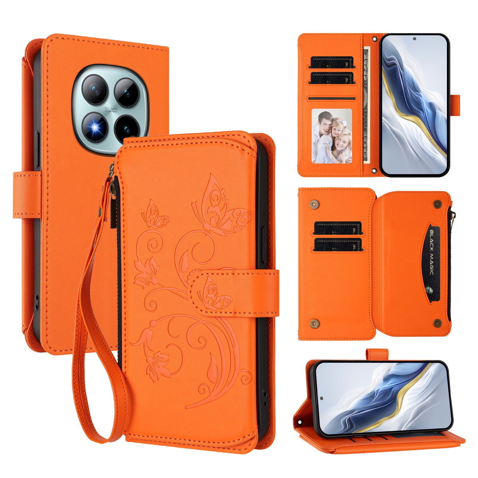 For Xiaomi Poco M8 Pro 5G / Redmi Note 15 Pro+ 5G (Global) Leather Case Butterfly Floral Imprint Zipper Wallet Stand Cover with Wrist Strap - Orange