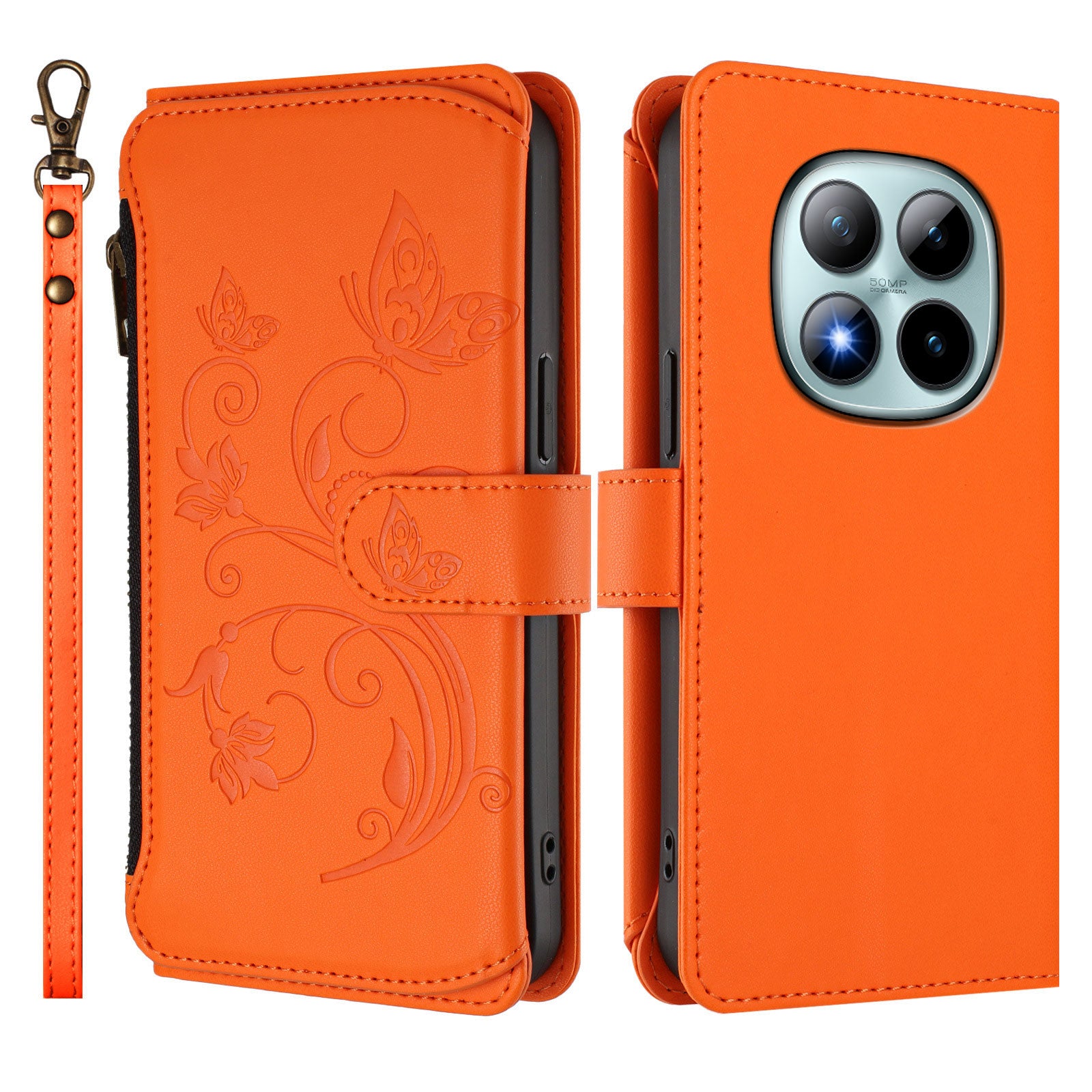For Xiaomi Poco M8 Pro 5G / Redmi Note 15 Pro+ 5G (Global) Leather Case Butterfly Floral Imprint Zipper Wallet Stand Cover with Wrist Strap - Orange