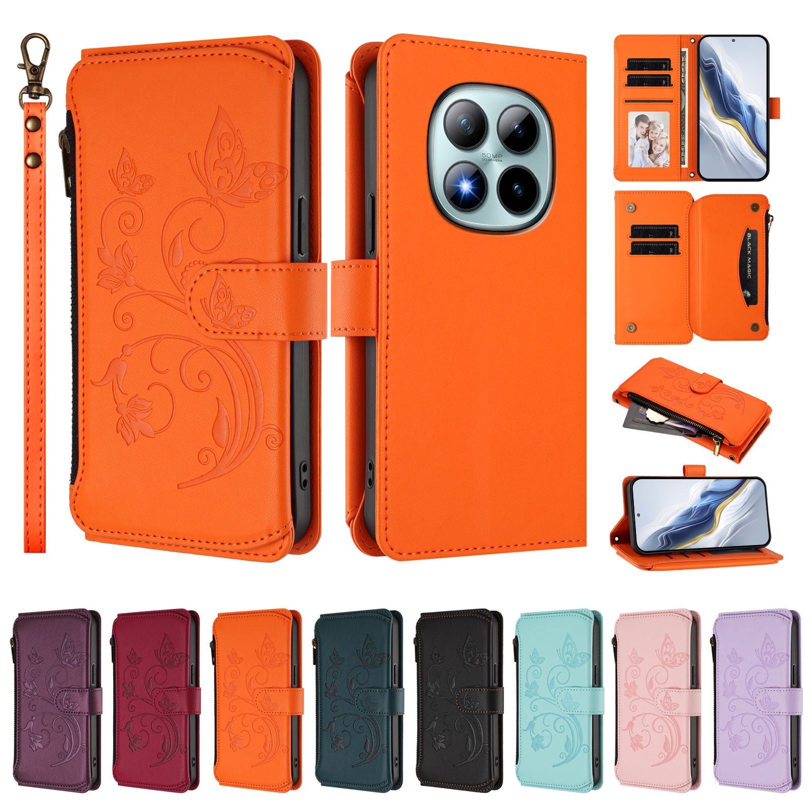 For Xiaomi Poco M8 Pro 5G / Redmi Note 15 Pro+ 5G (Global) Leather Case Butterfly Floral Imprint Zipper Wallet Stand Cover with Wrist Strap - Orange