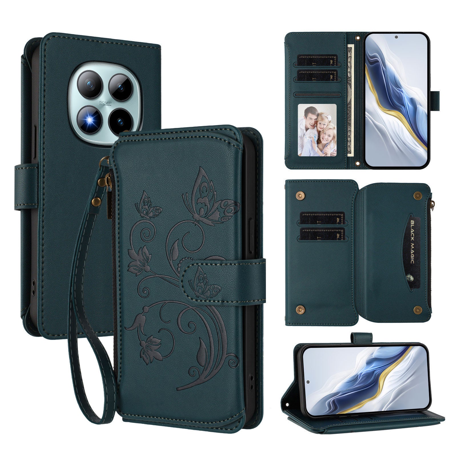 For Xiaomi Poco M8 Pro 5G / Redmi Note 15 Pro+ 5G (Global) Leather Case Butterfly Floral Imprint Zipper Wallet Stand Cover with Wrist Strap - Green