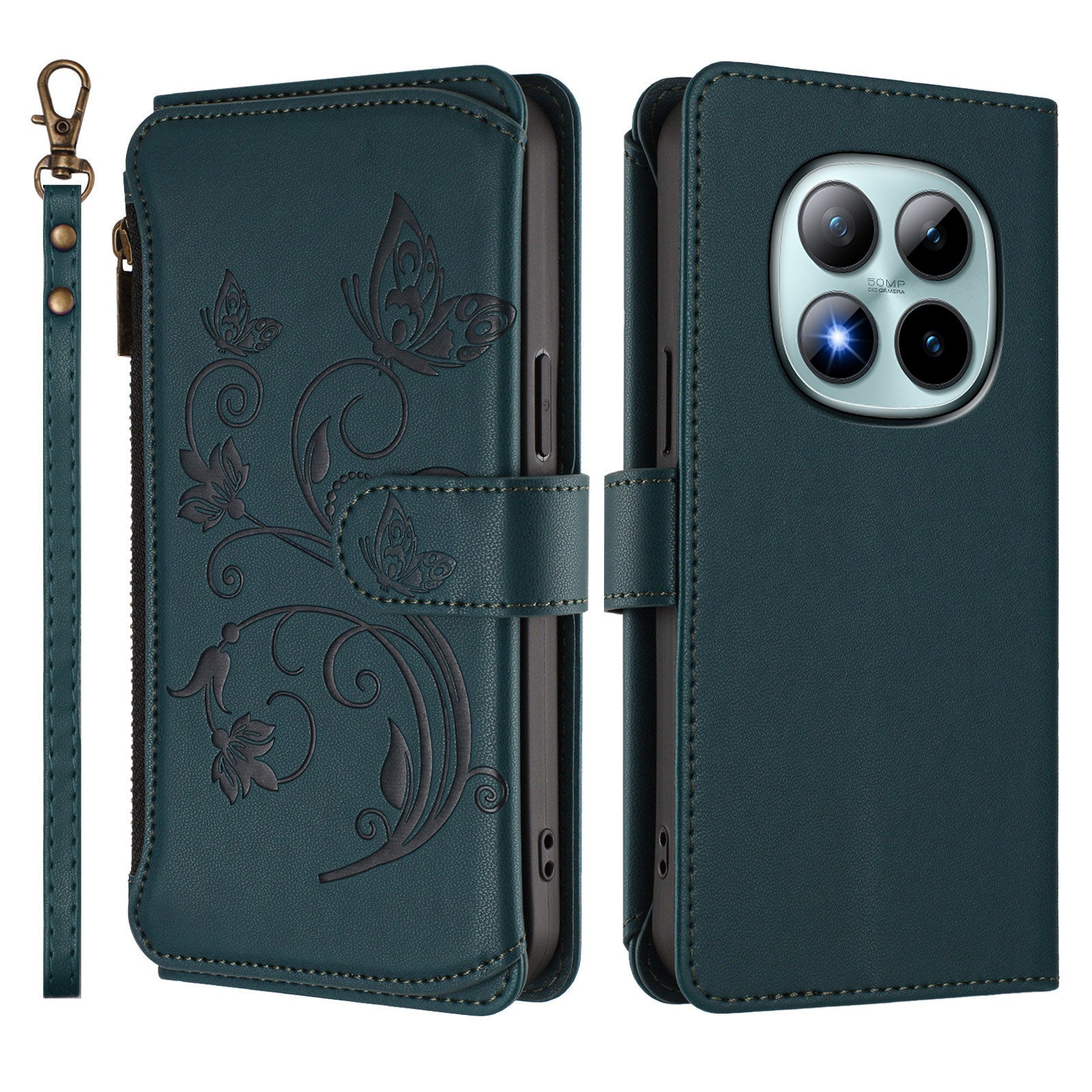 For Xiaomi Poco M8 Pro 5G / Redmi Note 15 Pro+ 5G (Global) Leather Case Butterfly Floral Imprint Zipper Wallet Stand Cover with Wrist Strap - Green