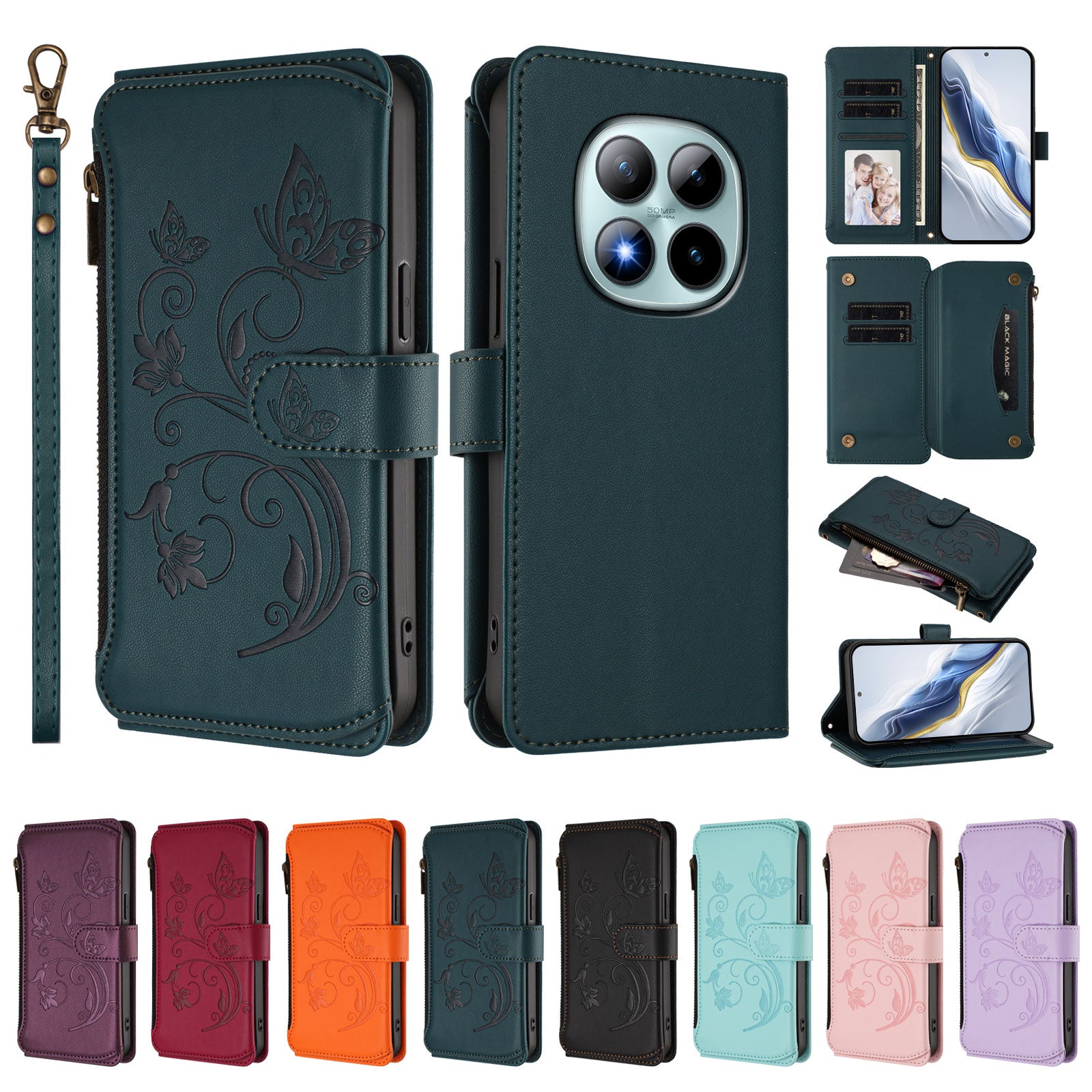For Xiaomi Poco M8 Pro 5G / Redmi Note 15 Pro+ 5G (Global) Leather Case Butterfly Floral Imprint Zipper Wallet Stand Cover with Wrist Strap - Green