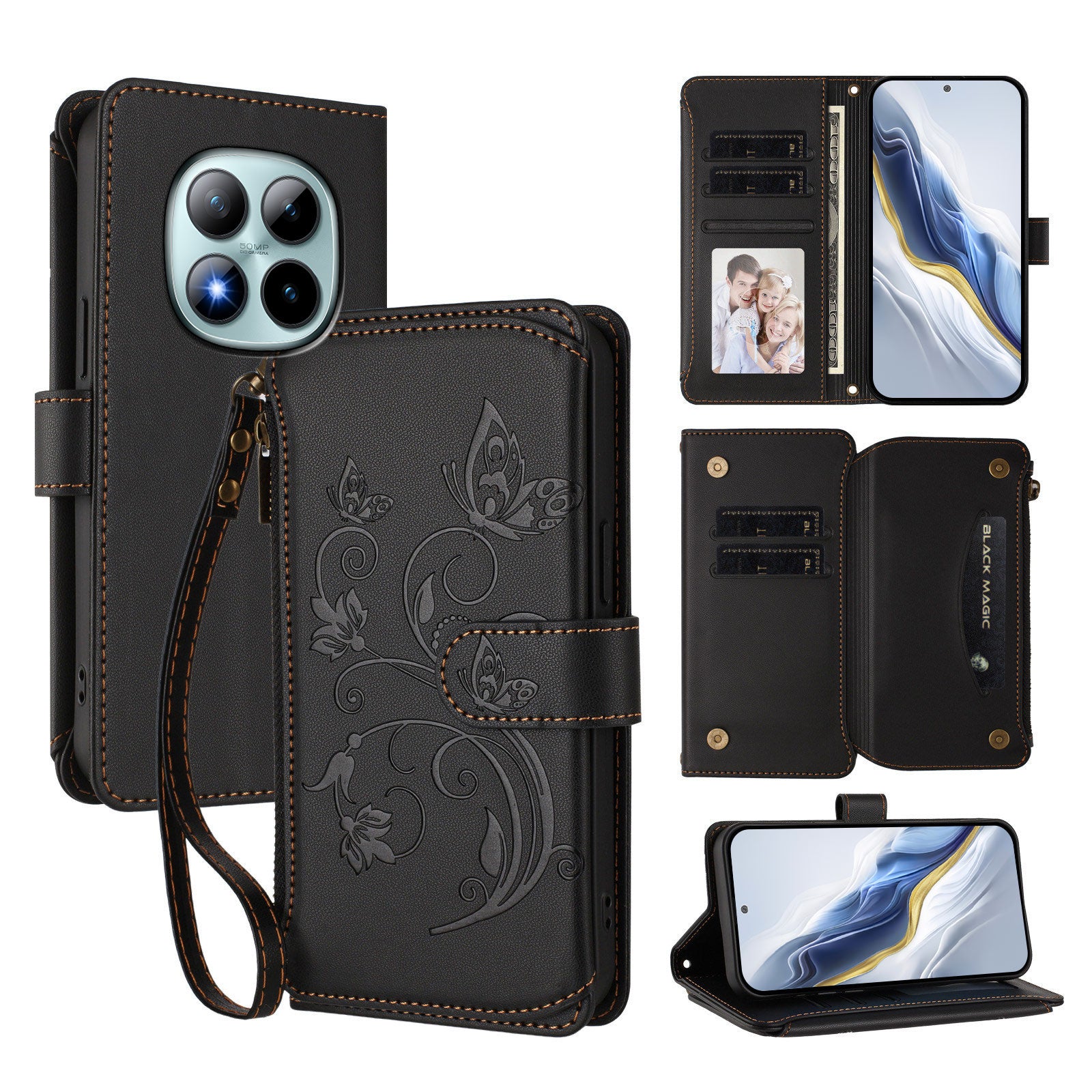 For Xiaomi Poco M8 Pro 5G / Redmi Note 15 Pro+ 5G (Global) Leather Case Butterfly Floral Imprint Zipper Wallet Stand Cover with Wrist Strap - Black