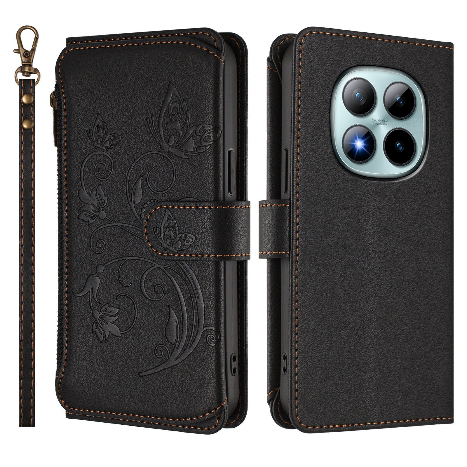 For Xiaomi Poco M8 Pro 5G / Redmi Note 15 Pro+ 5G (Global) Leather Case Butterfly Floral Imprint Zipper Wallet Stand Cover with Wrist Strap - Black