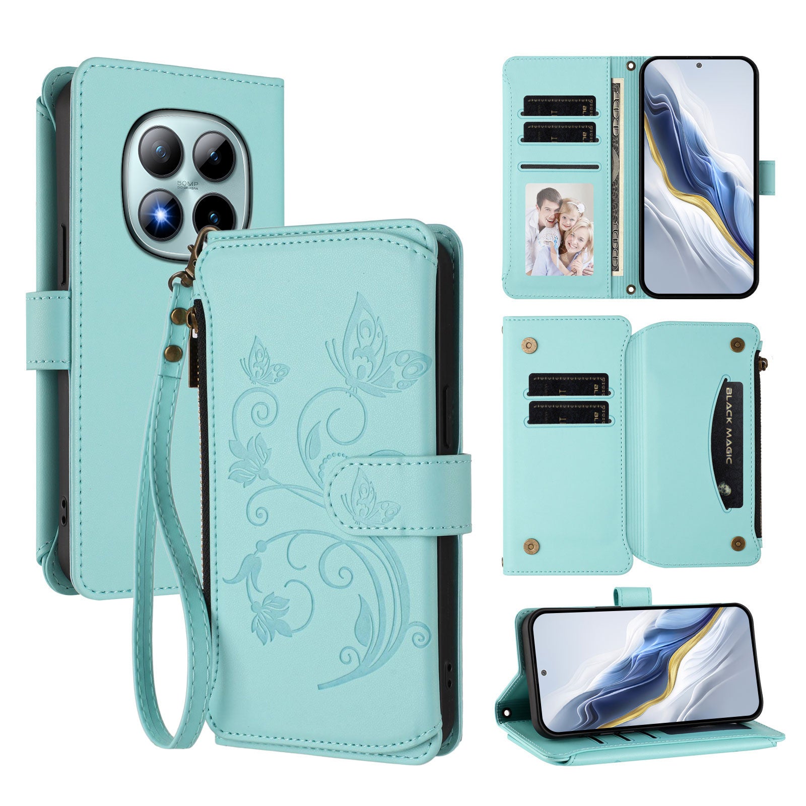 For Xiaomi Poco M8 Pro 5G / Redmi Note 15 Pro+ 5G (Global) Leather Case Butterfly Floral Imprint Zipper Wallet Stand Cover with Wrist Strap - Mint Green