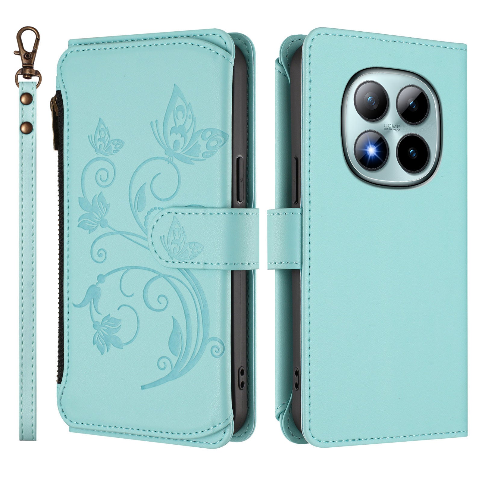 For Xiaomi Poco M8 Pro 5G / Redmi Note 15 Pro+ 5G (Global) Leather Case Butterfly Floral Imprint Zipper Wallet Stand Cover with Wrist Strap - Mint Green