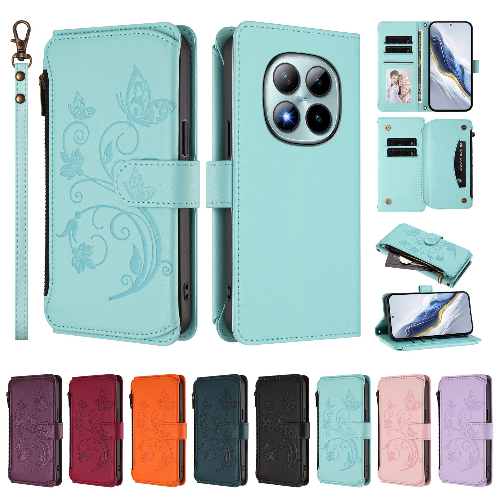 For Xiaomi Poco M8 Pro 5G / Redmi Note 15 Pro+ 5G (Global) Leather Case Butterfly Floral Imprint Zipper Wallet Stand Cover with Wrist Strap - Mint Green