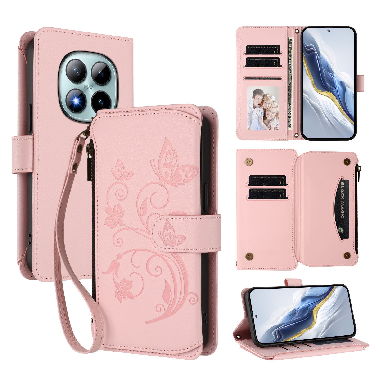 For Xiaomi Poco M8 Pro 5G / Redmi Note 15 Pro+ 5G (Global) Leather Case Butterfly Floral Imprint Zipper Wallet Stand Cover with Wrist Strap - Pink