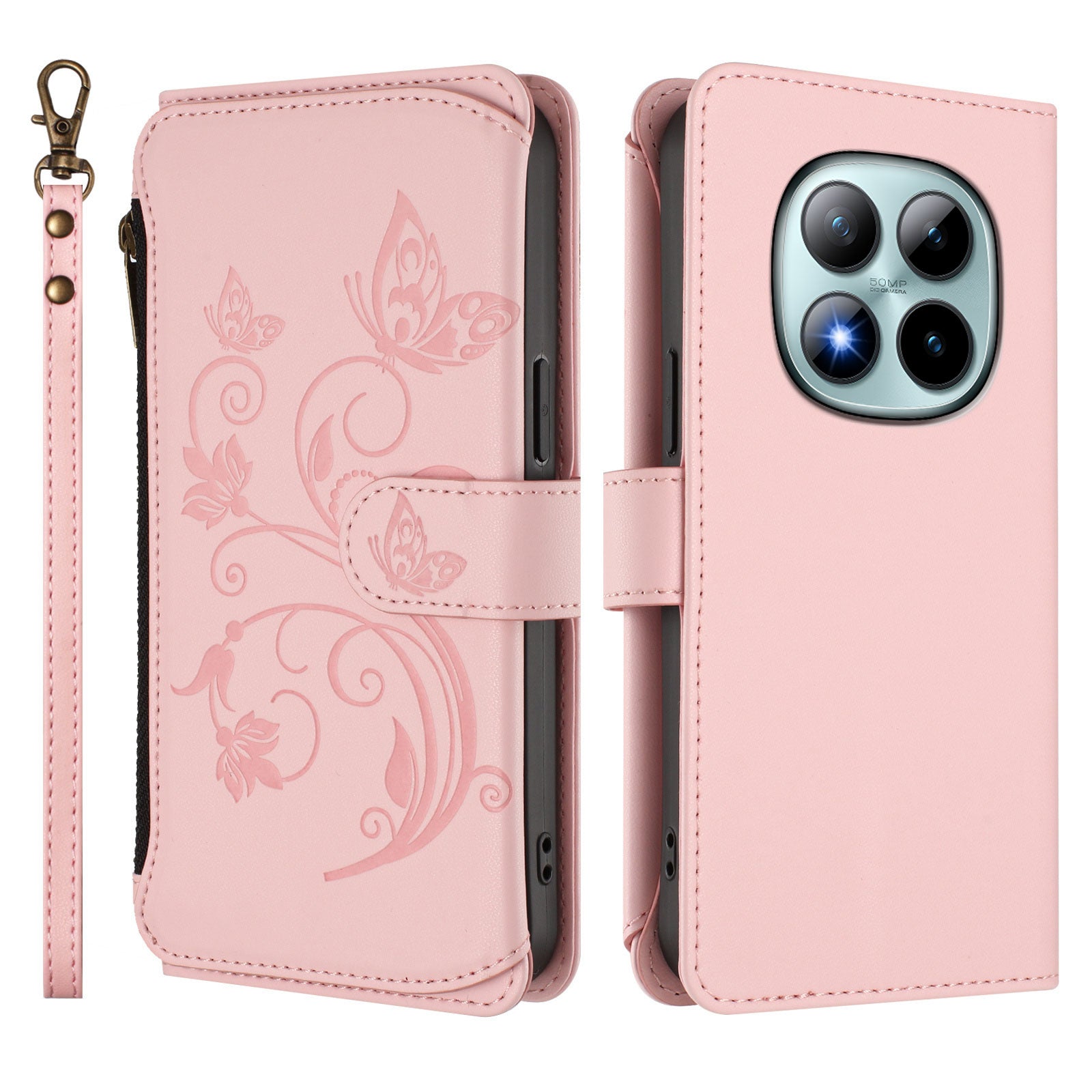 For Xiaomi Poco M8 Pro 5G / Redmi Note 15 Pro+ 5G (Global) Leather Case Butterfly Floral Imprint Zipper Wallet Stand Cover with Wrist Strap - Pink