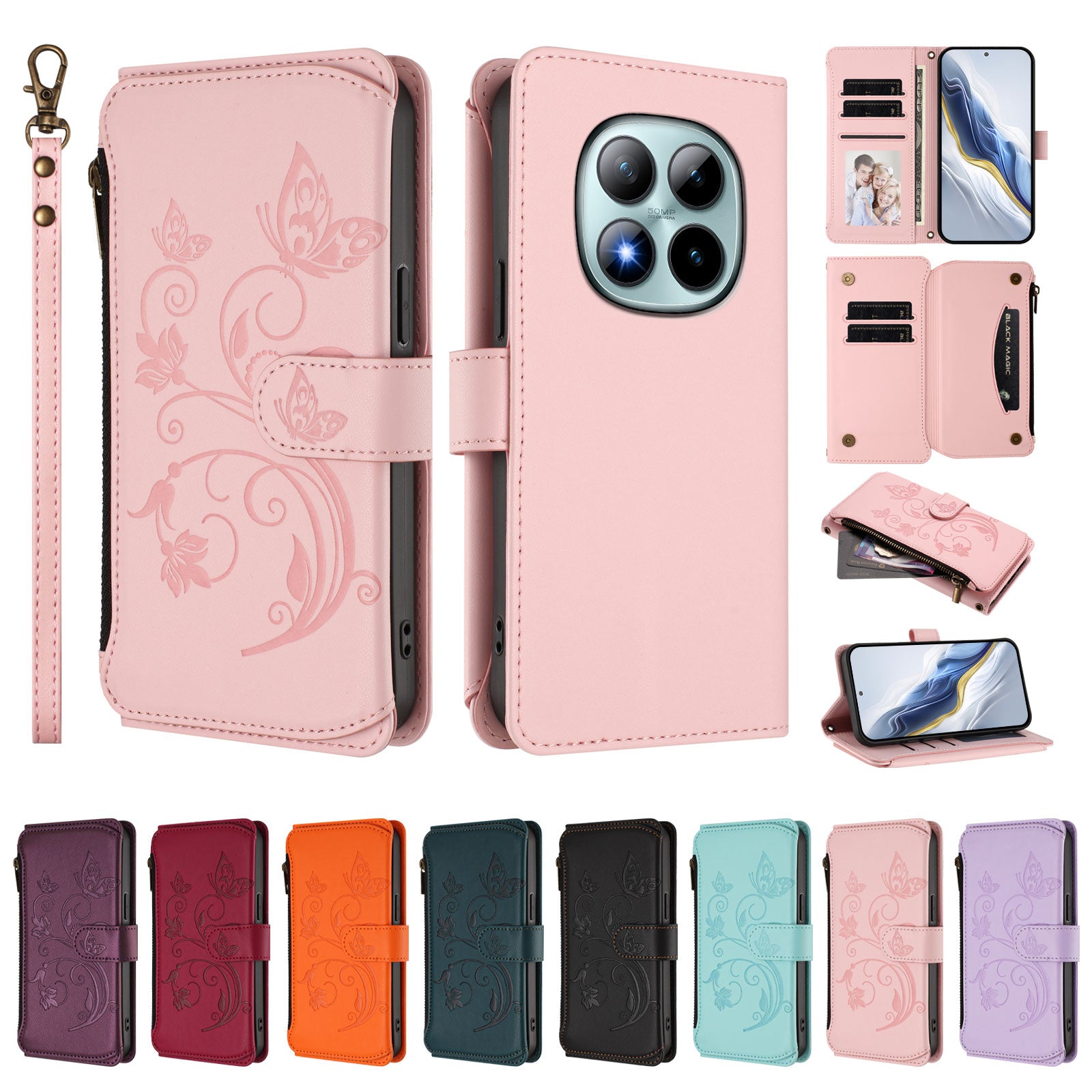For Xiaomi Poco M8 Pro 5G / Redmi Note 15 Pro+ 5G (Global) Leather Case Butterfly Floral Imprint Zipper Wallet Stand Cover with Wrist Strap - Pink