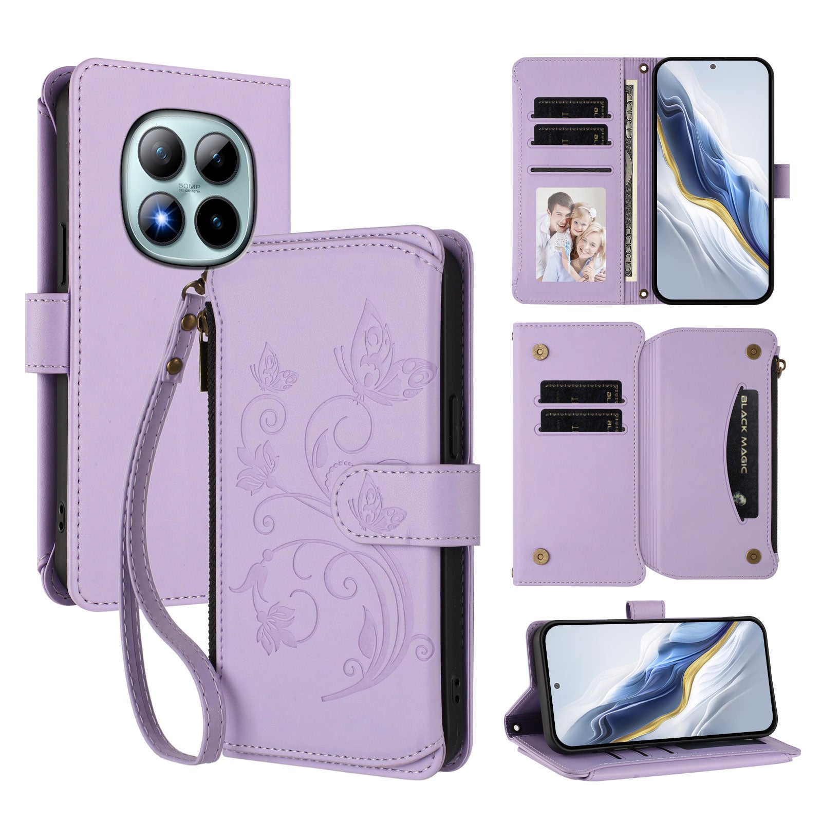 For Xiaomi Poco M8 Pro 5G / Redmi Note 15 Pro+ 5G (Global) Leather Case Butterfly Floral Imprint Zipper Wallet Stand Cover with Wrist Strap - Light Purple