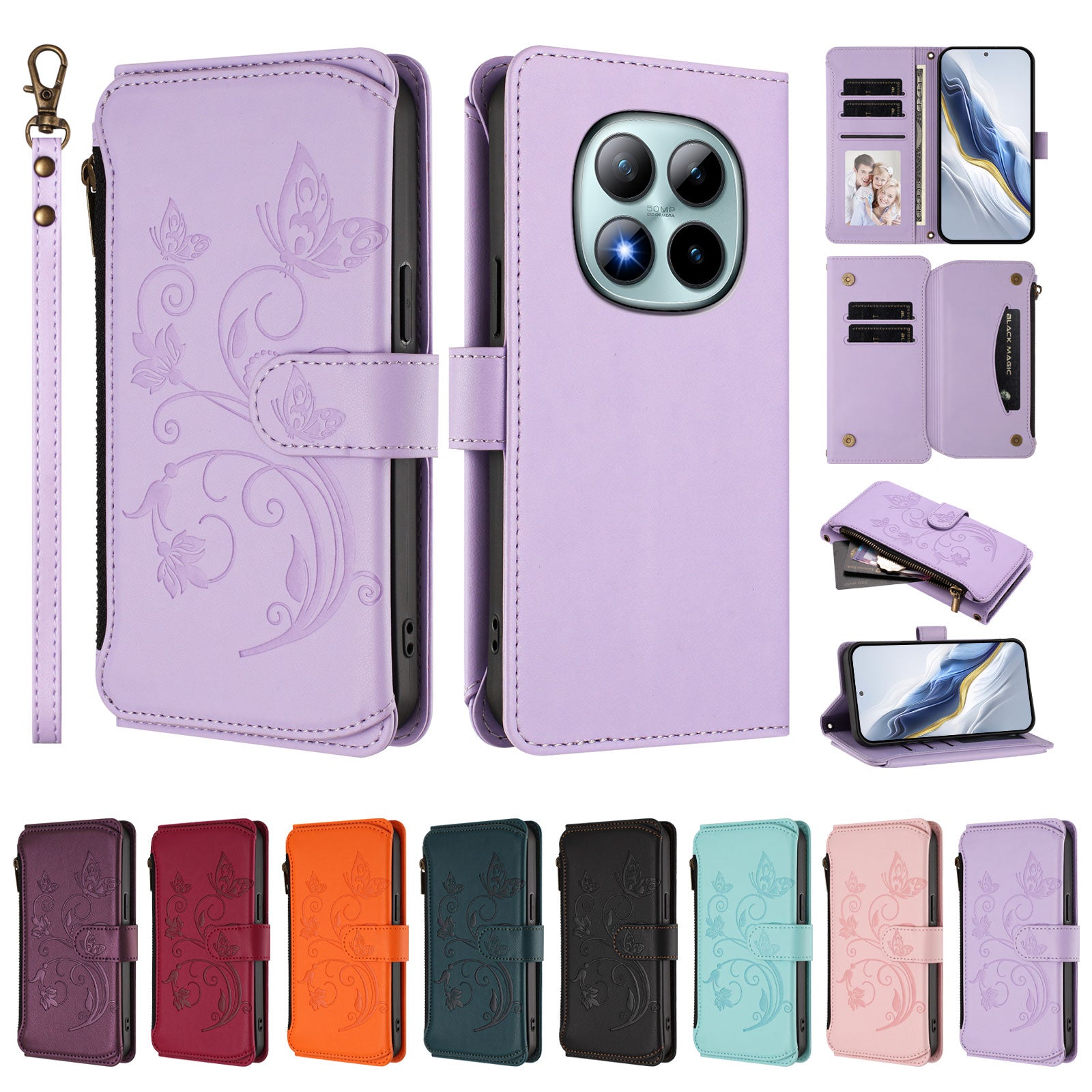 For Xiaomi Poco M8 Pro 5G / Redmi Note 15 Pro+ 5G (Global) Leather Case Butterfly Floral Imprint Zipper Wallet Stand Cover with Wrist Strap - Light Purple