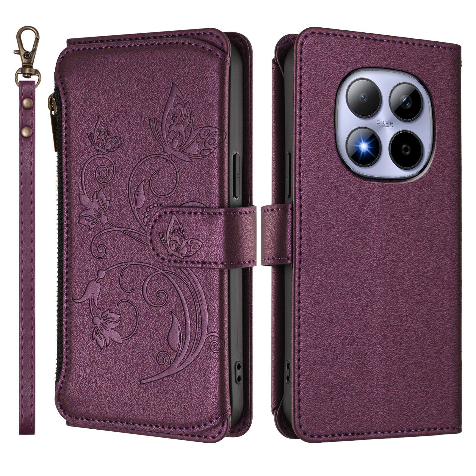 For Xiaomi Redmi Note 15 Pro 5G (Global) Leather Case Butterfly Floral Imprint Zipper Wallet Stand Cover with Wrist Strap - Purple