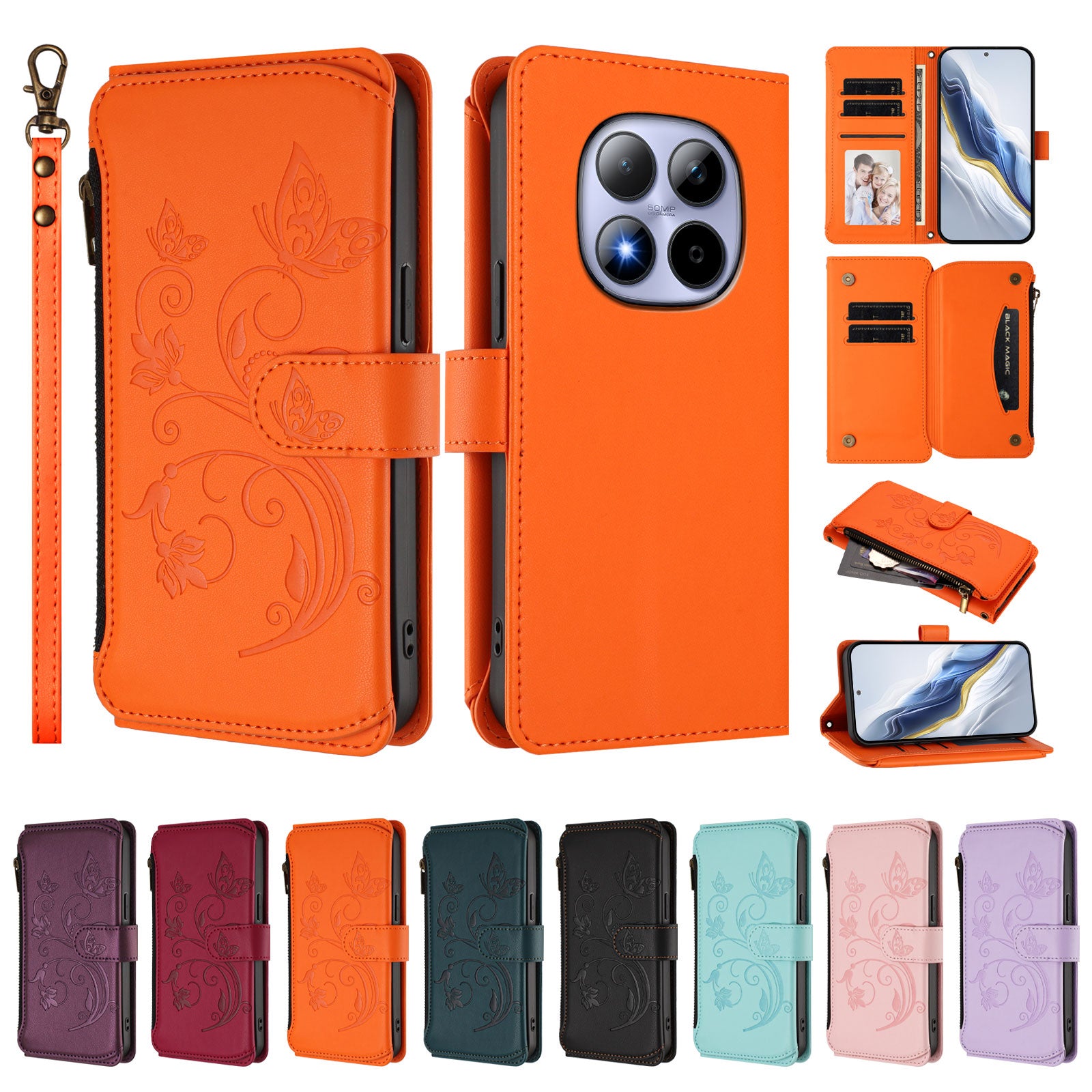 For Xiaomi Redmi Note 15 Pro 5G (Global) Leather Case Butterfly Floral Imprint Zipper Wallet Stand Cover with Wrist Strap - Orange