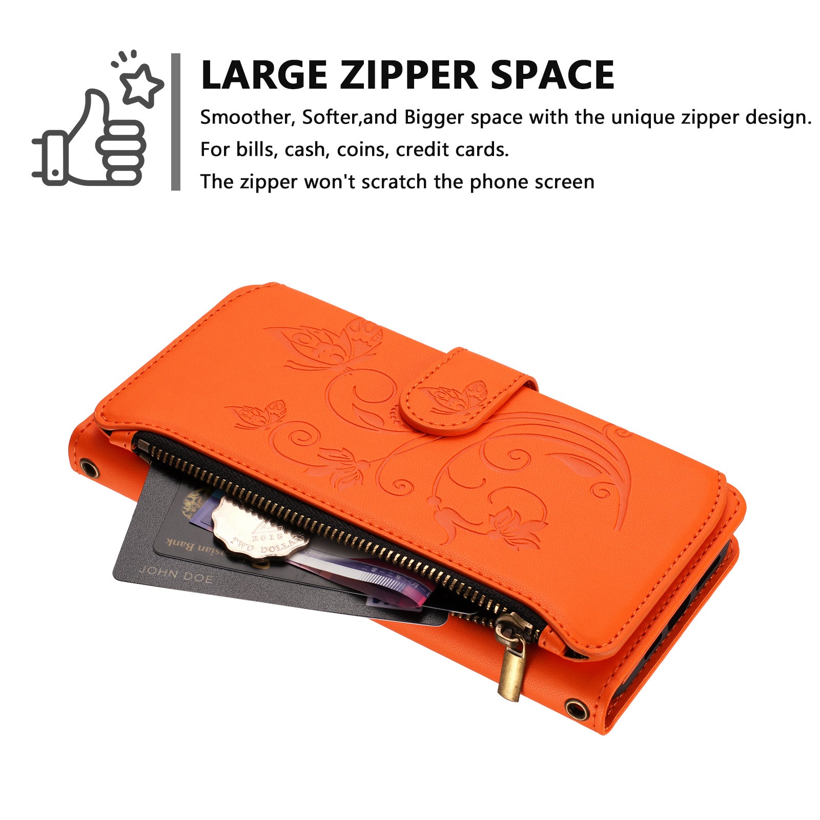 For Xiaomi Redmi Note 15 Pro 5G (Global) Leather Case Butterfly Floral Imprint Zipper Wallet Stand Cover with Wrist Strap - Orange