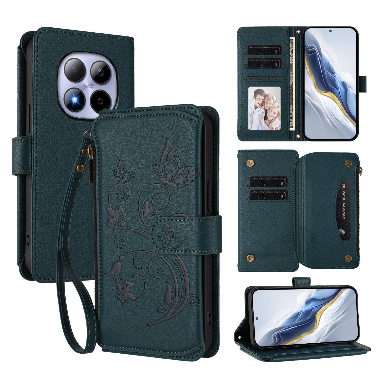 For Xiaomi Redmi Note 15 Pro 5G (Global) Leather Case Butterfly Floral Imprint Zipper Wallet Stand Cover with Wrist Strap - Green