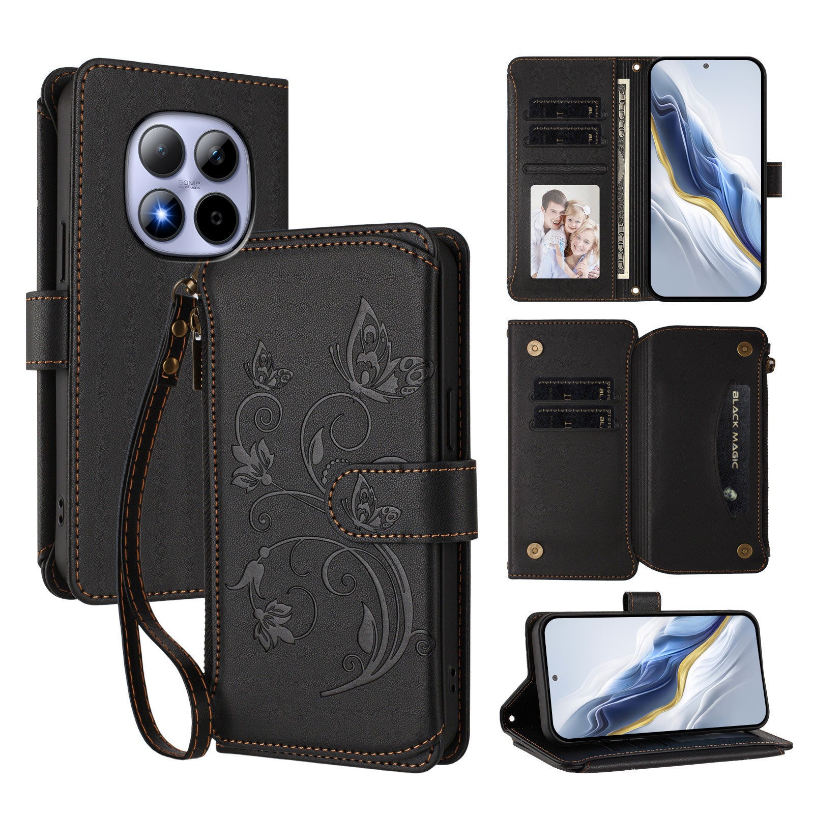 For Xiaomi Redmi Note 15 Pro 5G (Global) Leather Case Butterfly Floral Imprint Zipper Wallet Stand Cover with Wrist Strap - Black