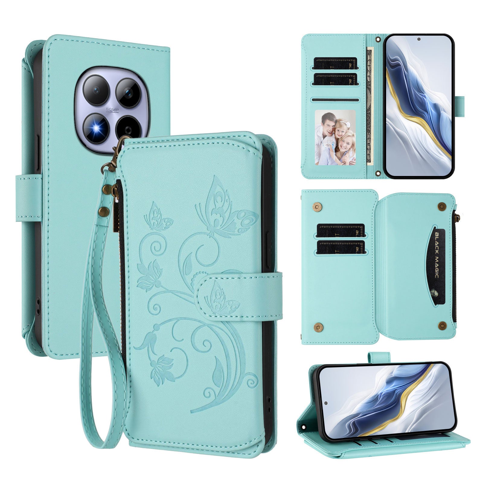 For Xiaomi Redmi Note 15 Pro 5G (Global) Leather Case Butterfly Floral Imprint Zipper Wallet Stand Cover with Wrist Strap - Mint Green