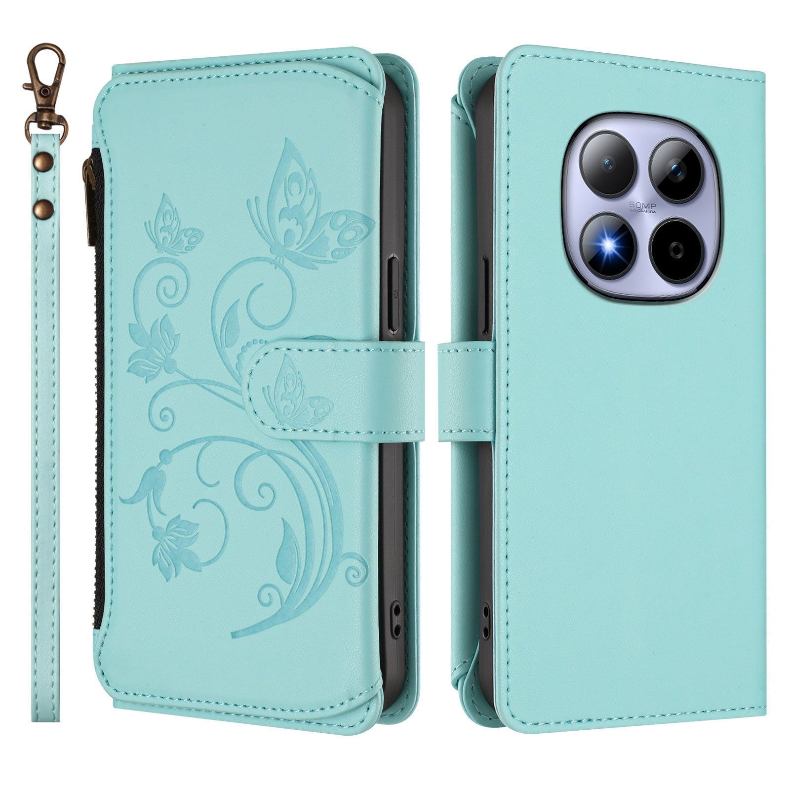 For Xiaomi Redmi Note 15 Pro 5G (Global) Leather Case Butterfly Floral Imprint Zipper Wallet Stand Cover with Wrist Strap - Mint Green