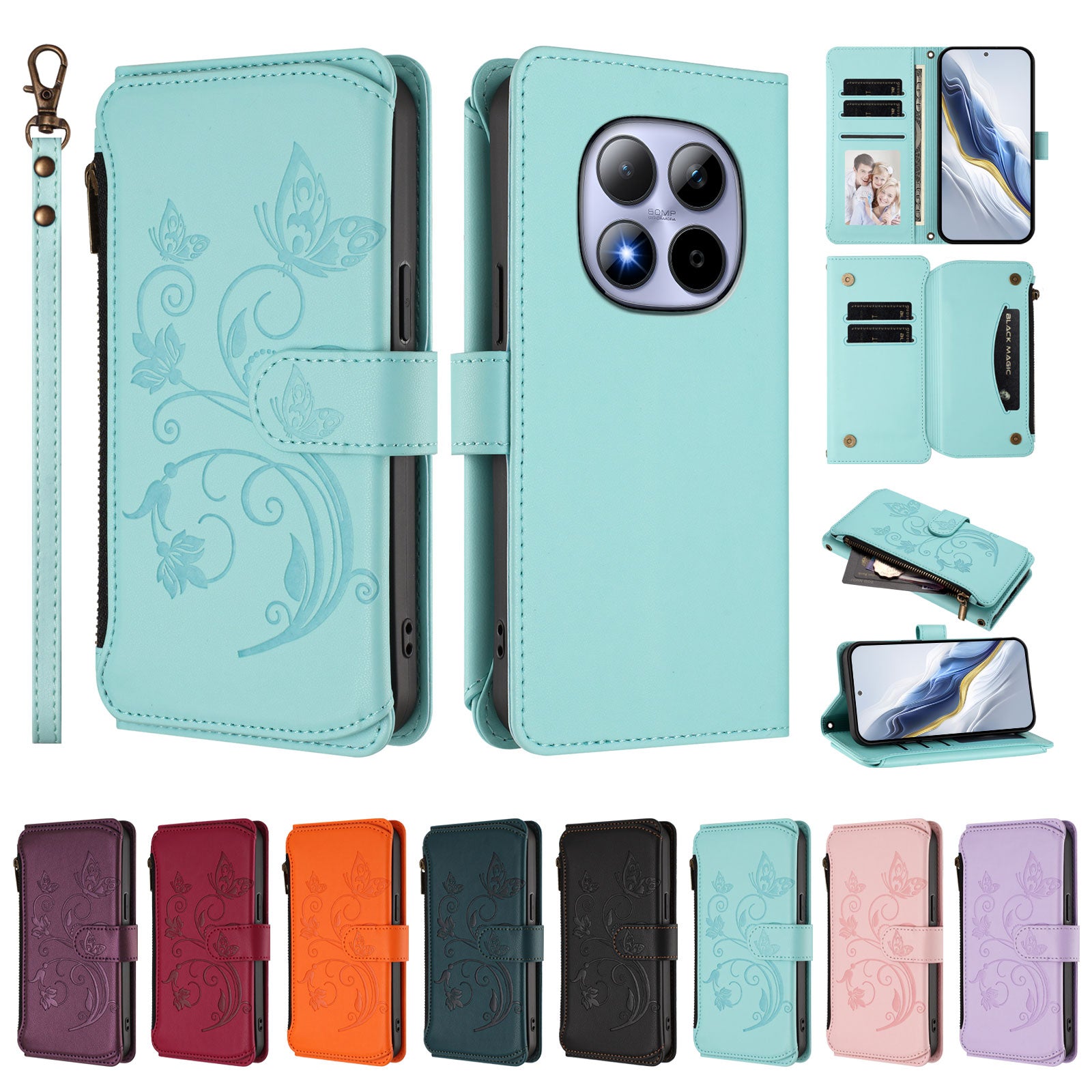 For Xiaomi Redmi Note 15 Pro 5G (Global) Leather Case Butterfly Floral Imprint Zipper Wallet Stand Cover with Wrist Strap - Mint Green