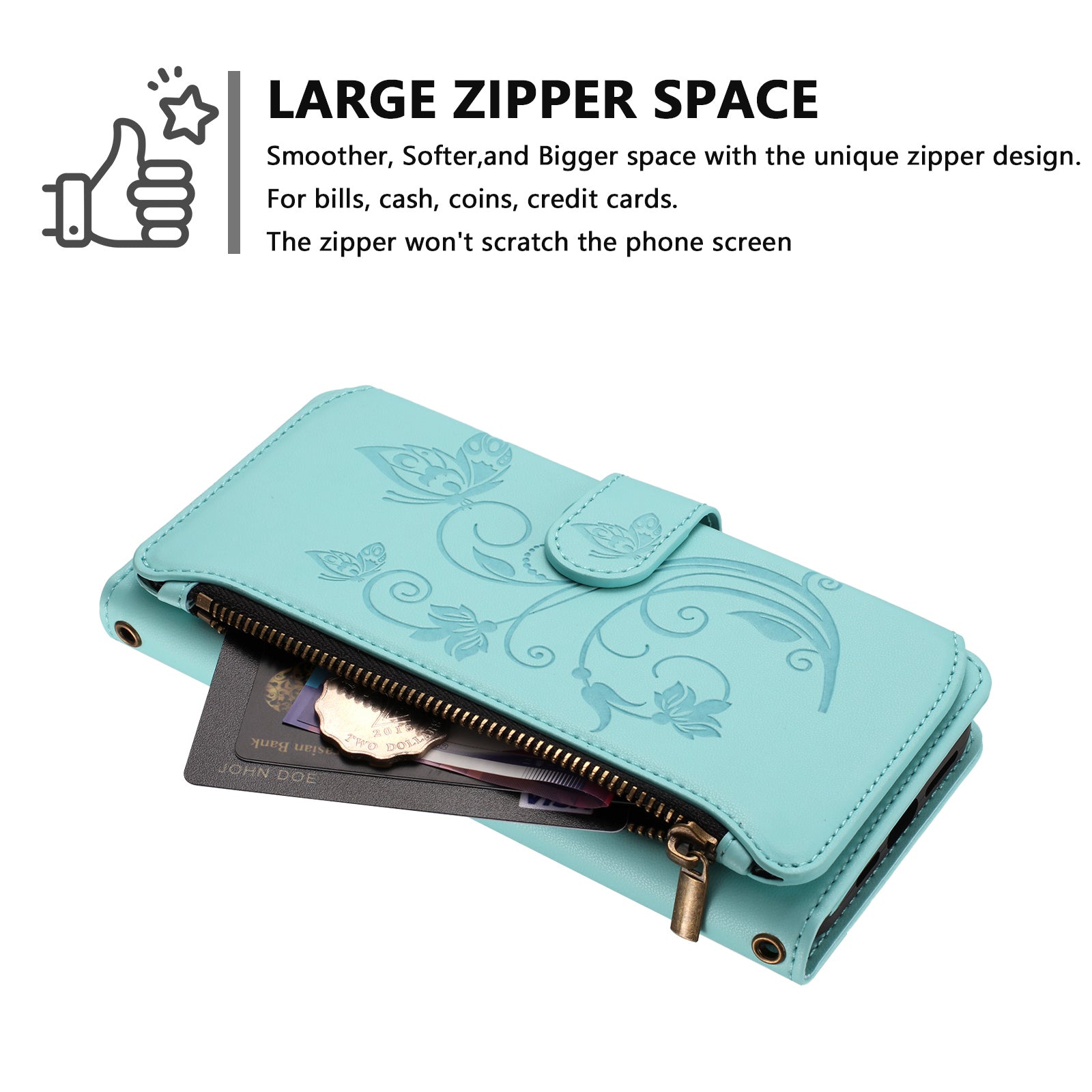 For Xiaomi Redmi Note 15 Pro 5G (Global) Leather Case Butterfly Floral Imprint Zipper Wallet Stand Cover with Wrist Strap - Mint Green