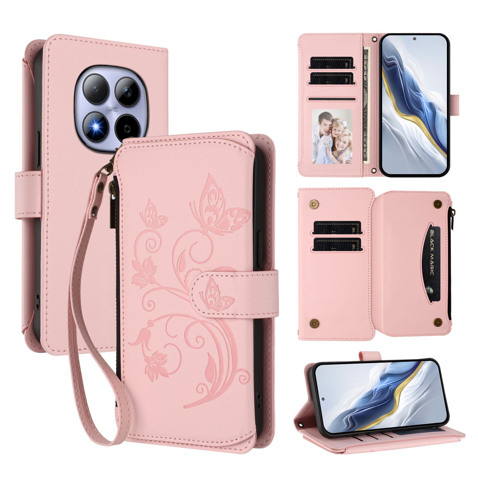 For Xiaomi Redmi Note 15 Pro 5G (Global) Leather Case Butterfly Floral Imprint Zipper Wallet Stand Cover with Wrist Strap - Pink
